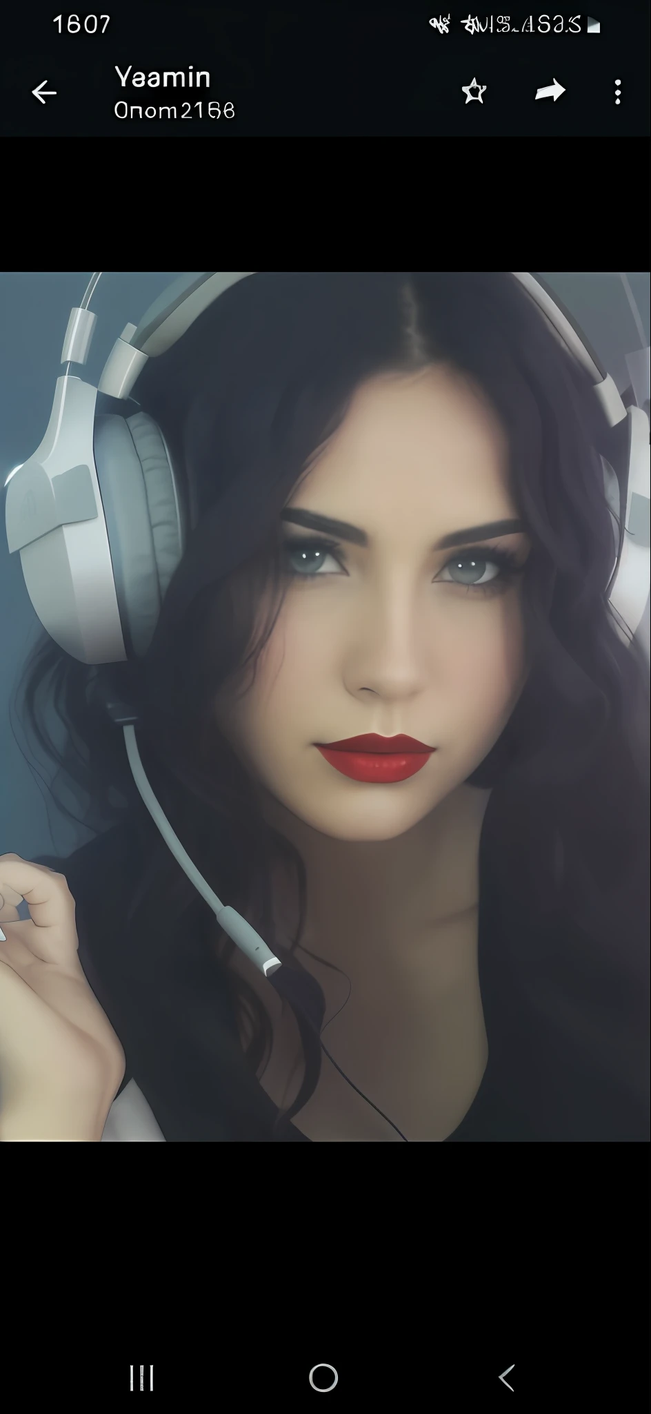There is a woman with headphones when taking a picture, with headphones, with headphones, looking at the horizon, makeup, beauty, wavy hair, light red lipstick, beautiful, black T-shirt, cornered hair, fair skin.