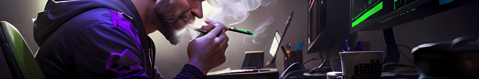 happy man smoking a joint while using a computer, marihuana leaves texture in background, light neon futuristic purple and green colorful smoke, realistic designs, cinematic, detailed, atmospheric, epic, concept art, volumetric lighting, heavenly, amazing, amazing, wonderful, beautiful, highly detailed --auto