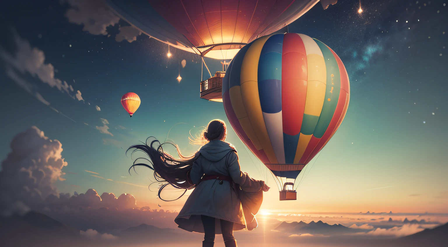 "In a magical scene, a girl and her grandfather stand on top of a mountain, accompanied by a hot air balloon that comes to life. The sky is filled with colors and twinkling lights, representing magic in action."