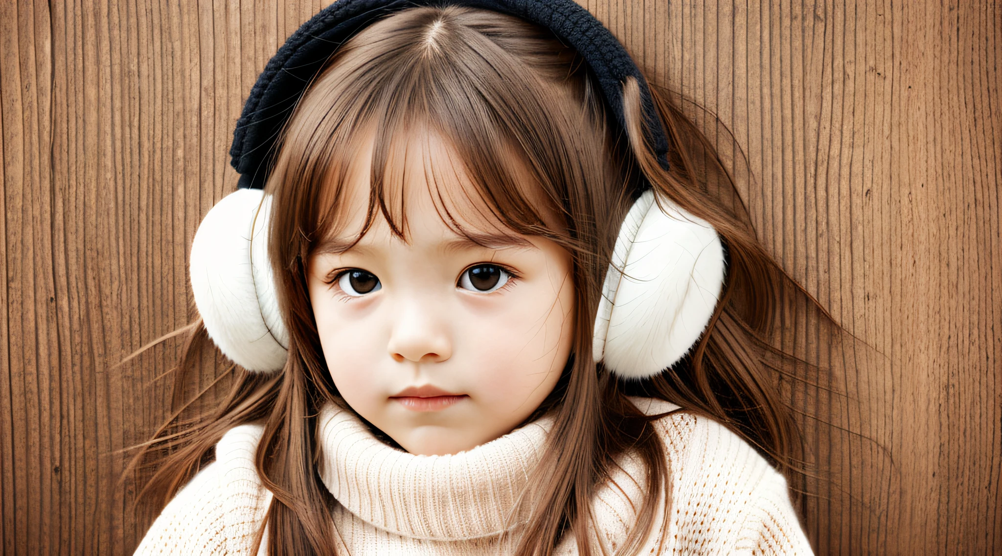 CHILD girl with long hair wearing a white sweater and muffled black ears.