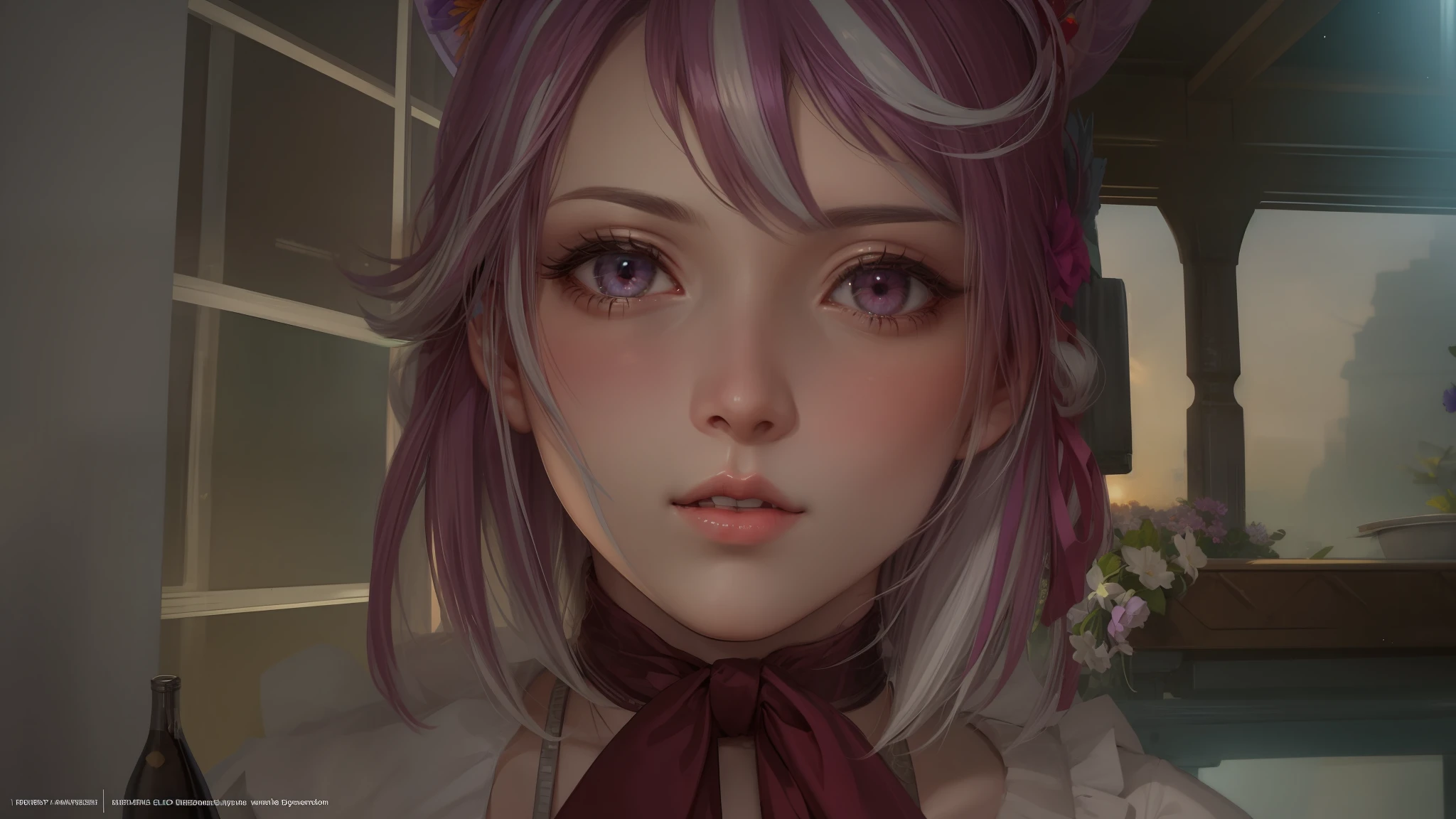 realistic, 1girl, white hair, purple eyes, glowing eyes, crop top, skirt, parted lips, blush, night, flowers, sun, sunlight,