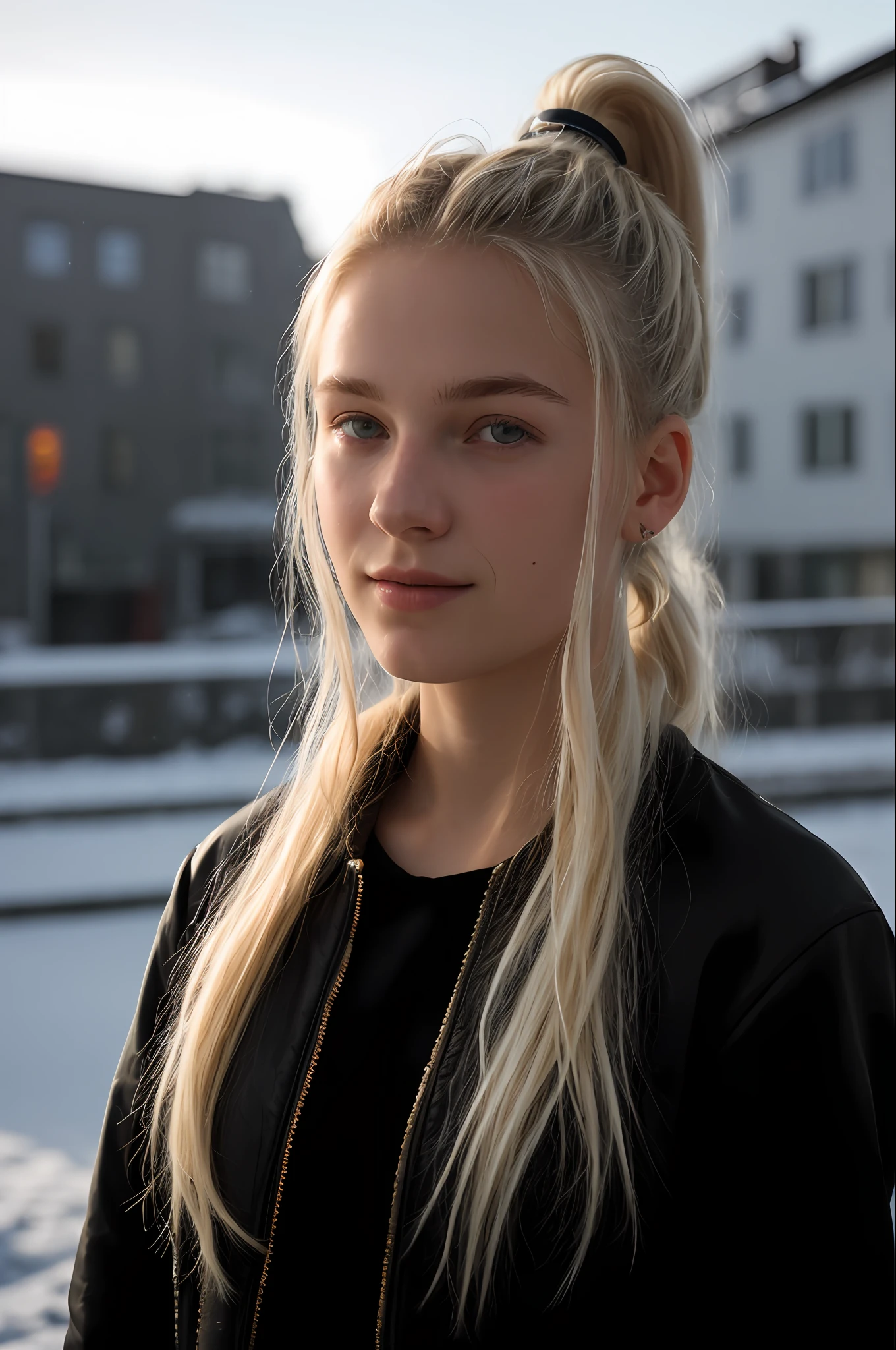 Close-up shot, 55mm canon lens, volumetric lighting, Fujifilm XT3 lens, upper body portrait, a young teenager from Northern Europe, , happy, cute face, albino skin, blonde eyebrow, very light blonde hair, ponytail haircut, wearing contemporary clothes, Norwegian city in the background, signs, neon, cold night, High resolution image, detailed texture, realistic depth of field