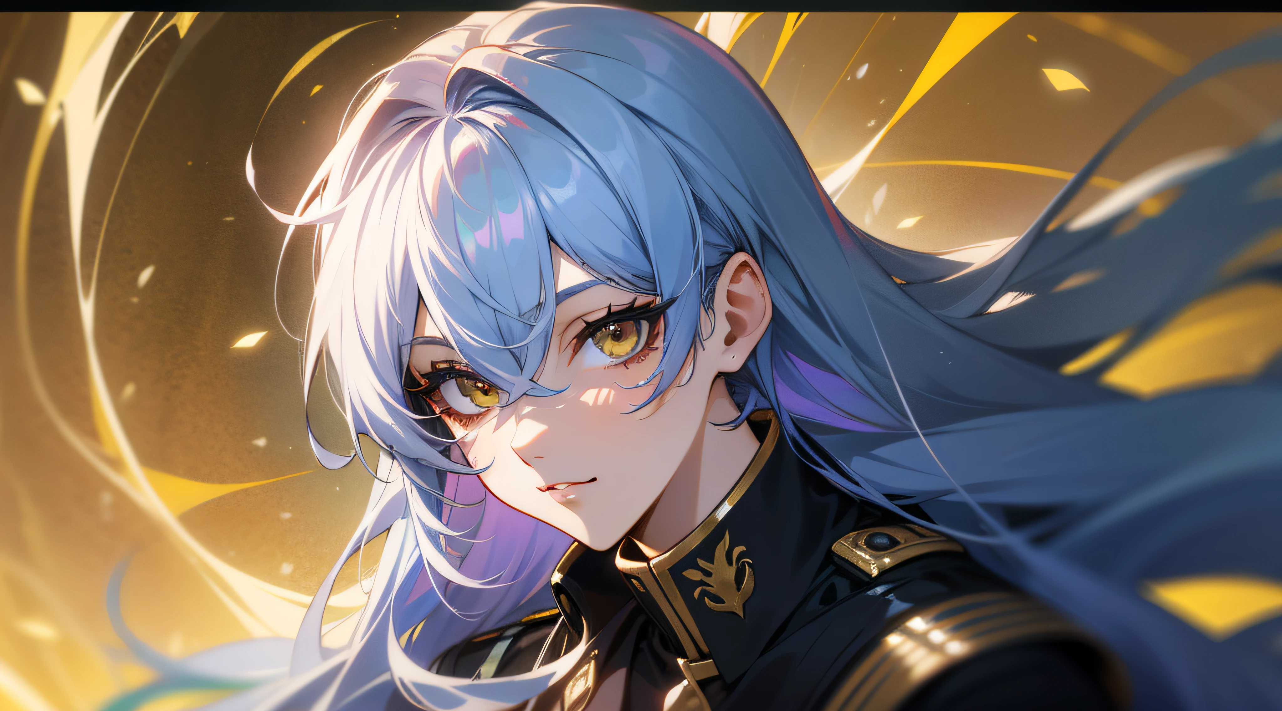 1 charismatic young man, silver-blue hair, golden eyes, side lighting, light particles, colored eyelashes, shiny hair, long hair, 1other, hair between eyes, bangs, golden black uniform, wearing solanelle outfit, anime, UHD, masterpiece, high details, high quality, 16k, 1080P, highres, best quality, award winning