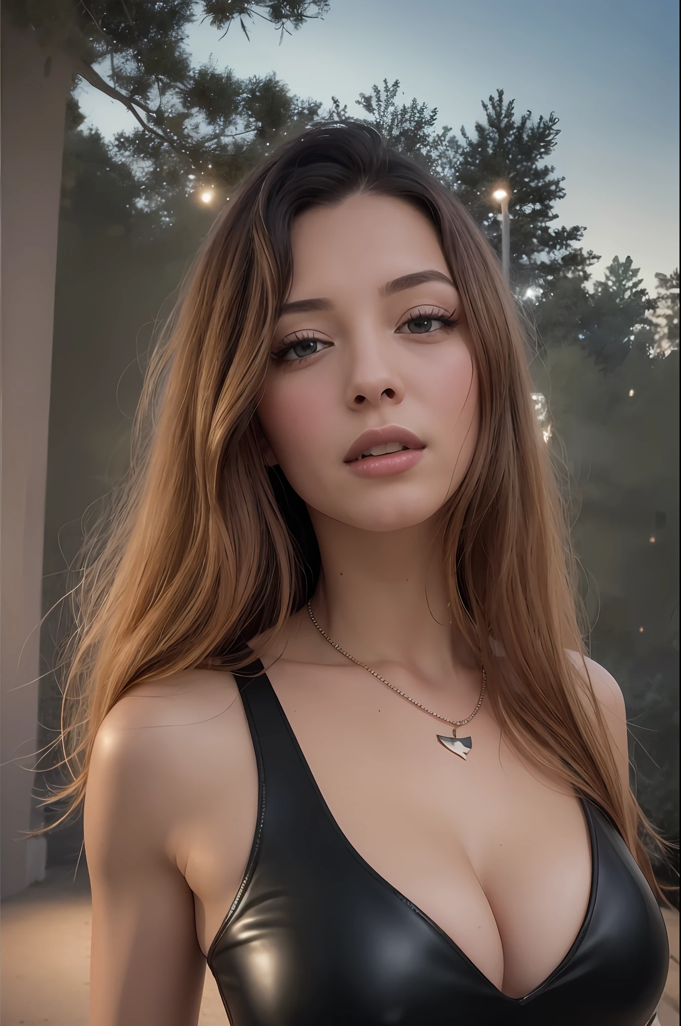 best quality, masterpiece, realistic photo, 8k, 4k, extreme resolution, ultra high resolution, dynamic lighting, real lighting, soniadiamond, day, jewelry, Looking_at_viewer, necklace, Outdoor, sky, soil, teeth, tree, upper_body, selfie, Sexy black leather dress, in a nightclub, nightclub lights