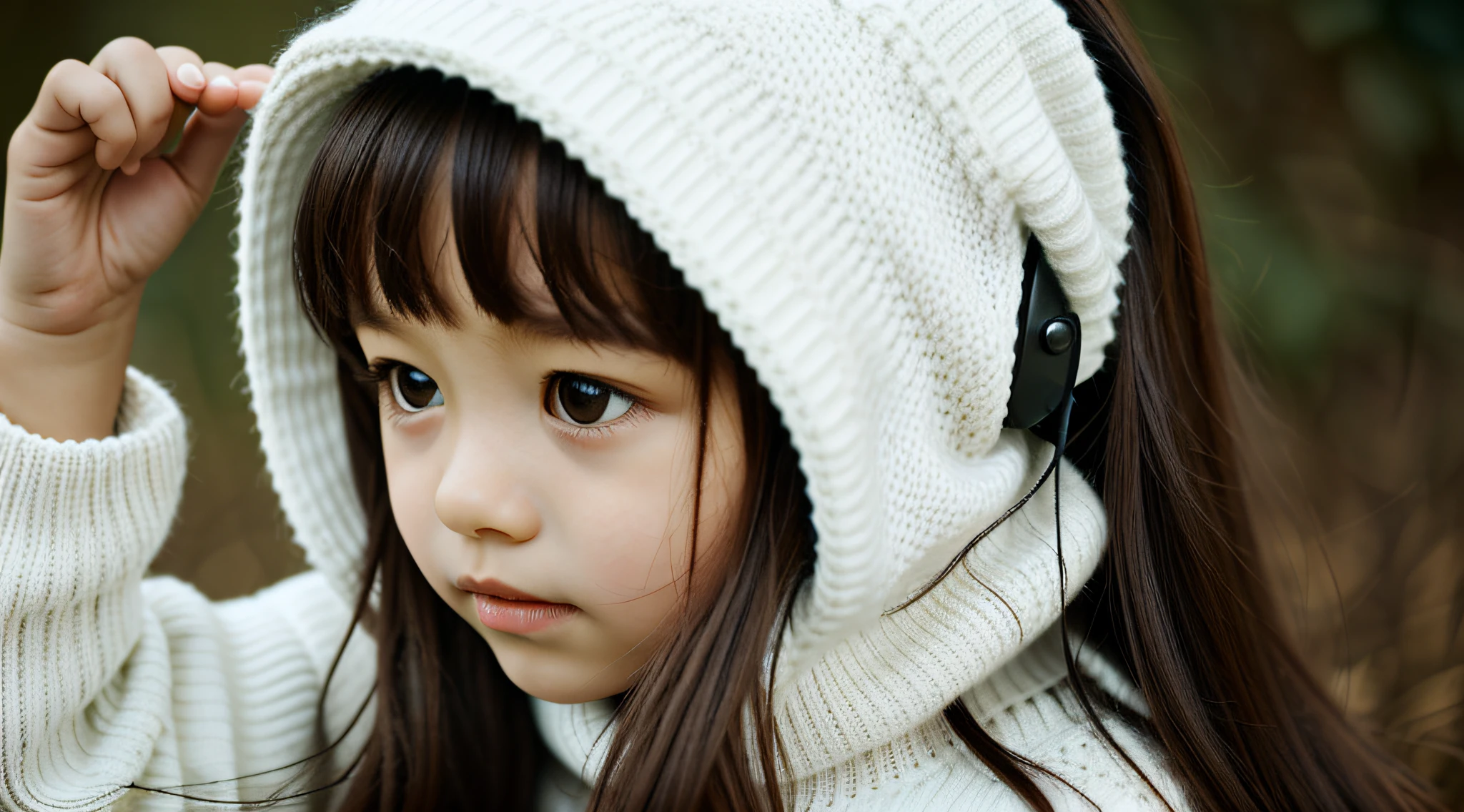 CHILD girl with long hair wearing a white sweater and muffled black ears.
