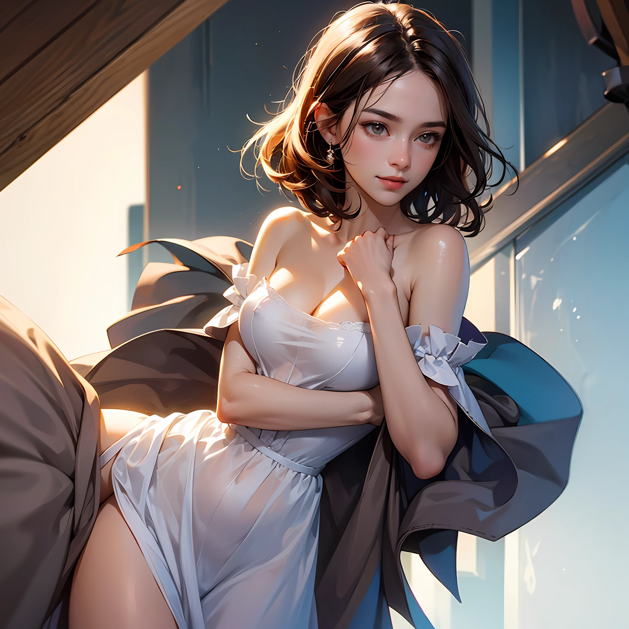 ((1 girl)), (nsfw:1.2), open,,shoulders exposed,crisp breasts exposed, clothes open, hand held clothes, torn open, chest tip exposed, (very detailed CG Unity 8k wallpaper), (masterpiece), (best quality), (super detailed), (best illustration), (best shadow), (realistic), (PureErosFace_V1:0.5), lens flare, (depth of field), (natural lighting), ultra-high resolution, (eye detail), charming smile , (brown hair) , (((transparent nightdress))), (exposed chest), 18 years old, --auto