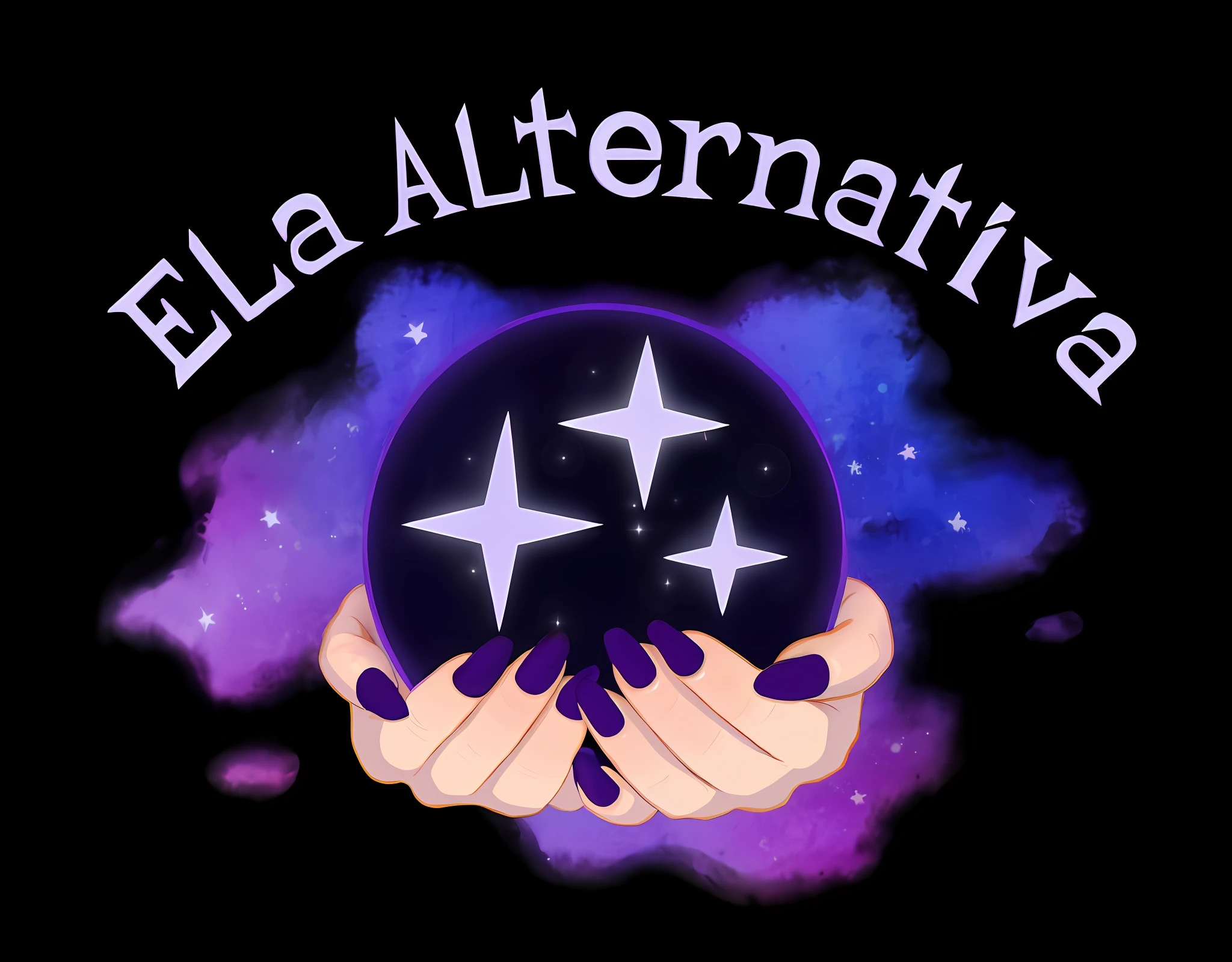 A closeup of a person holding a crystal ball with stars, alternative, alternate universe, alternative rock, alternate world, EKA portal, logo art, promotional art, banner, logo, logo, alternate reality, fantasy novel cover for young adults, intermediate art, magical realism and dark fantasy, promotional art, illustrative!, cover art, art concept for a book cover with 8k relatism