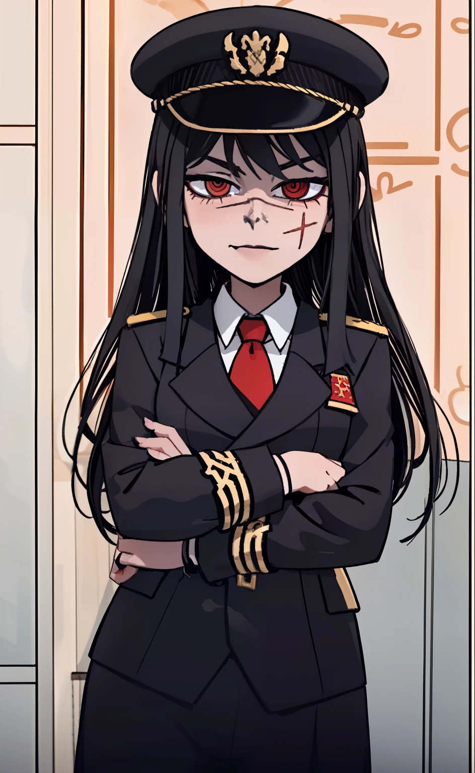 (masterpiece, best quality: 1.2), Solo, 1girl, Yoru \(Chainsaw Man\), looking at the viewer, different poses, red eye, long hair, completely black hair, reference to clothing of a German WWII general, black long sleeves (best quality), scar on face, beautiful eyes, has only 2 arms, has war medals on his clothes, Black Military Cap, Golden Eagle Medal on Clothing, (Wallpaper), (8K HD), (8K HD), Golden Shoulder Pads, Sprites, 1 Single Design (masterpiece, best quality: 1.2), Solo, 1girl, Yoru \(Chainsaw Man\), looking at the viewer, smile, happy, different poses, red eye, long hair, completely black hair, reference to clothing of a German WWII general, black long sleeves (best quality), scar on face, beautiful eyes, has only 2 arms, has war medals on his clothes, black military cap, golden eagle medal on clothing, (wallpaper), (8K HD), (8K HD), (8K HD), golden shoulder pads, sprites, 1 single design
