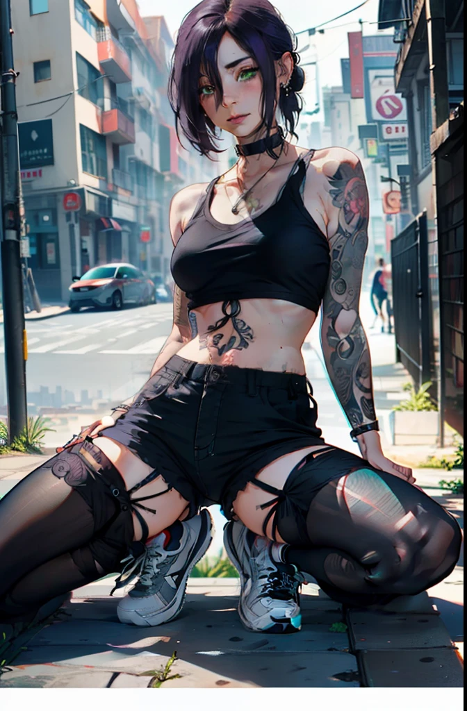 belly button piercing, full body shot, (very detailed background:1.0), (highly detailed background:1.0), (Masterpiece), High Quality, 1girl, woman, tattoo, irezumi, depth of field, dynamic lighting, high quality shadows, black crop-top, reze, purple hair, black shorts, ear piercings, sity, black fishnet tights, black high top sneakers, perfect face, green eyes, black choker