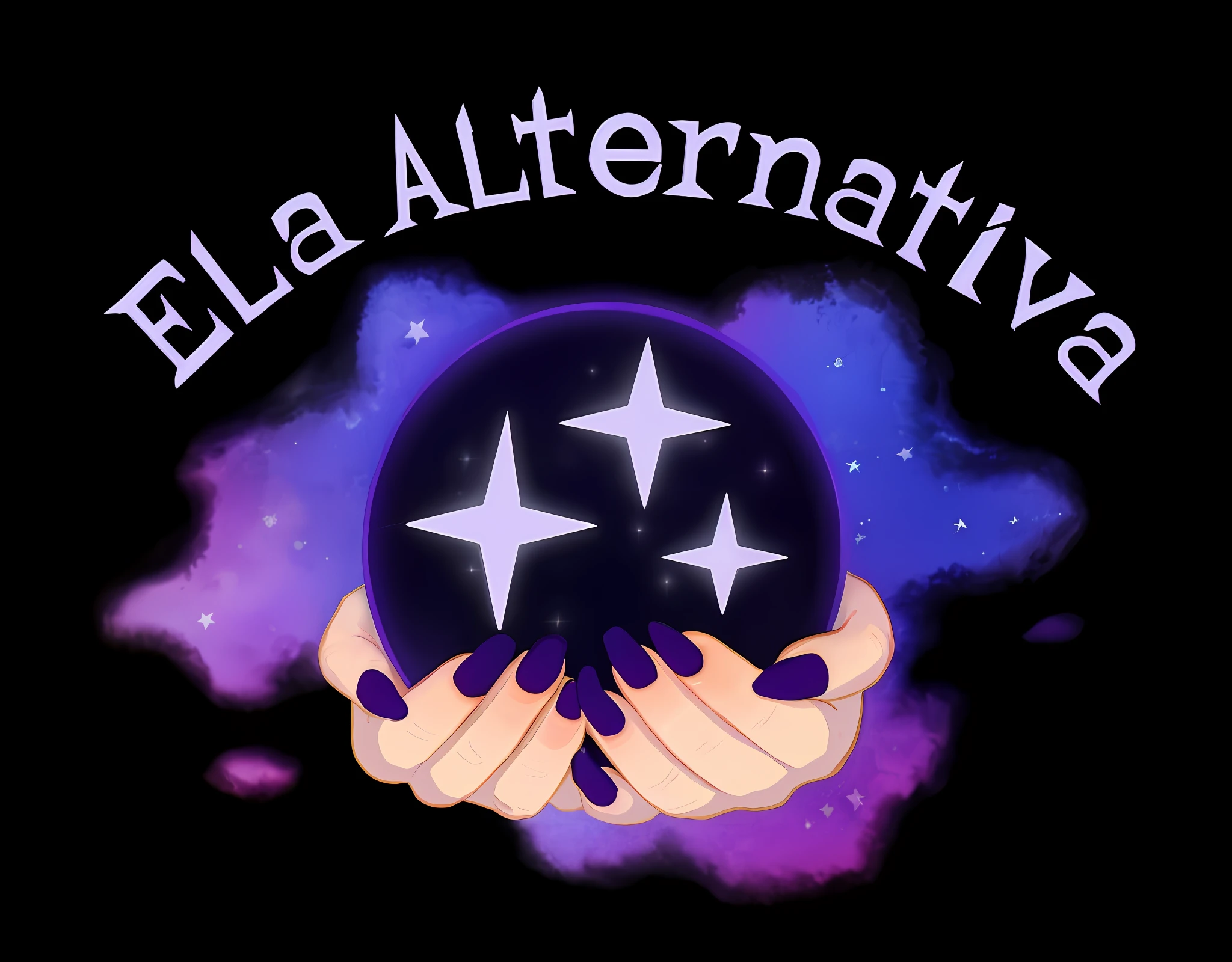 A closeup of a person holding a crystal ball with stars, alternative, alternate universe, alternative rock, alternate world, EKA portal, logo art, promotional art, banner, logo, logo, alternate reality, fantasy novel cover for young adults, intermediate art, magical realism and dark fantasy, promotional art, illustrative!, cover art, art concept for a book cover with 8k relatism