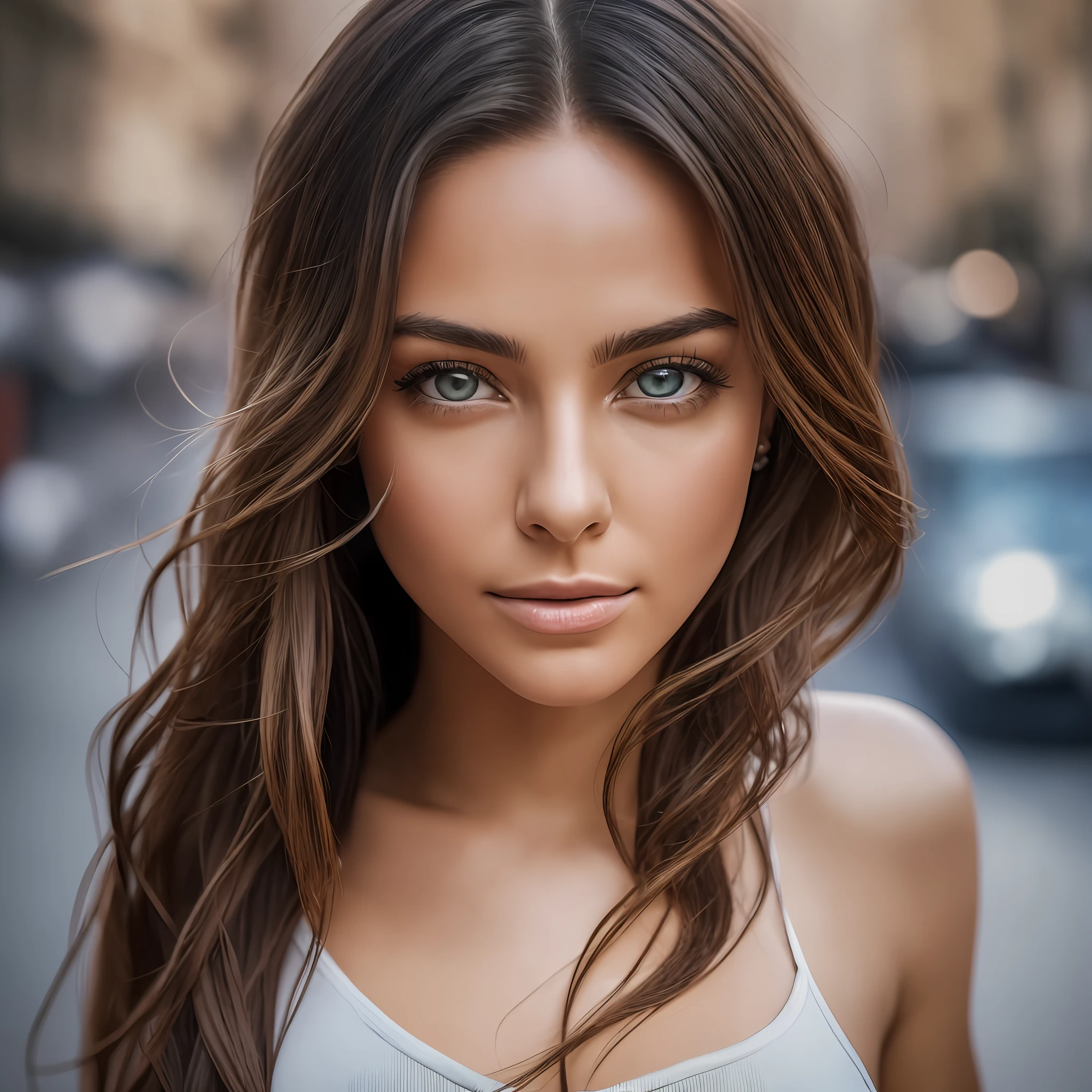 Closeup shot, Woman standing, body and head straight in photo, medium breasts, facing the viewer of the photo, eyes staring at the lens, appears shoulders and head in the photo, ultra realistic photo with great details, portrait of woman standing on the street, perfect lighting, DSRL, 4k, rich in detail in face, eyes, mouth,  nose and hair.