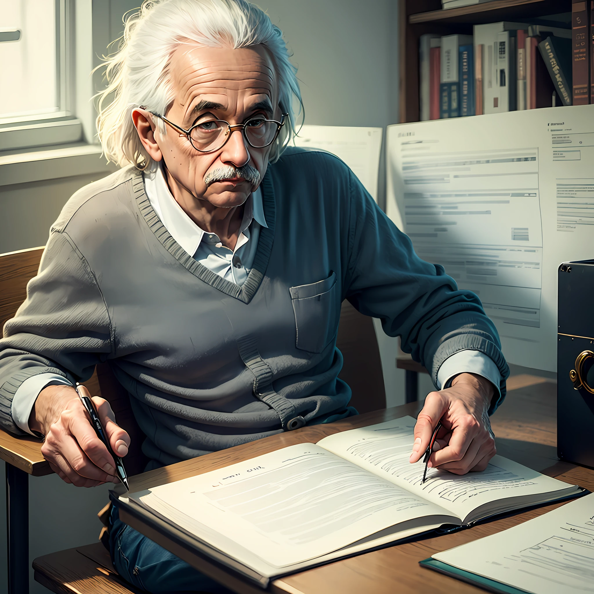 Albert Einstein studying, the theory of relativity, in his office. --auto