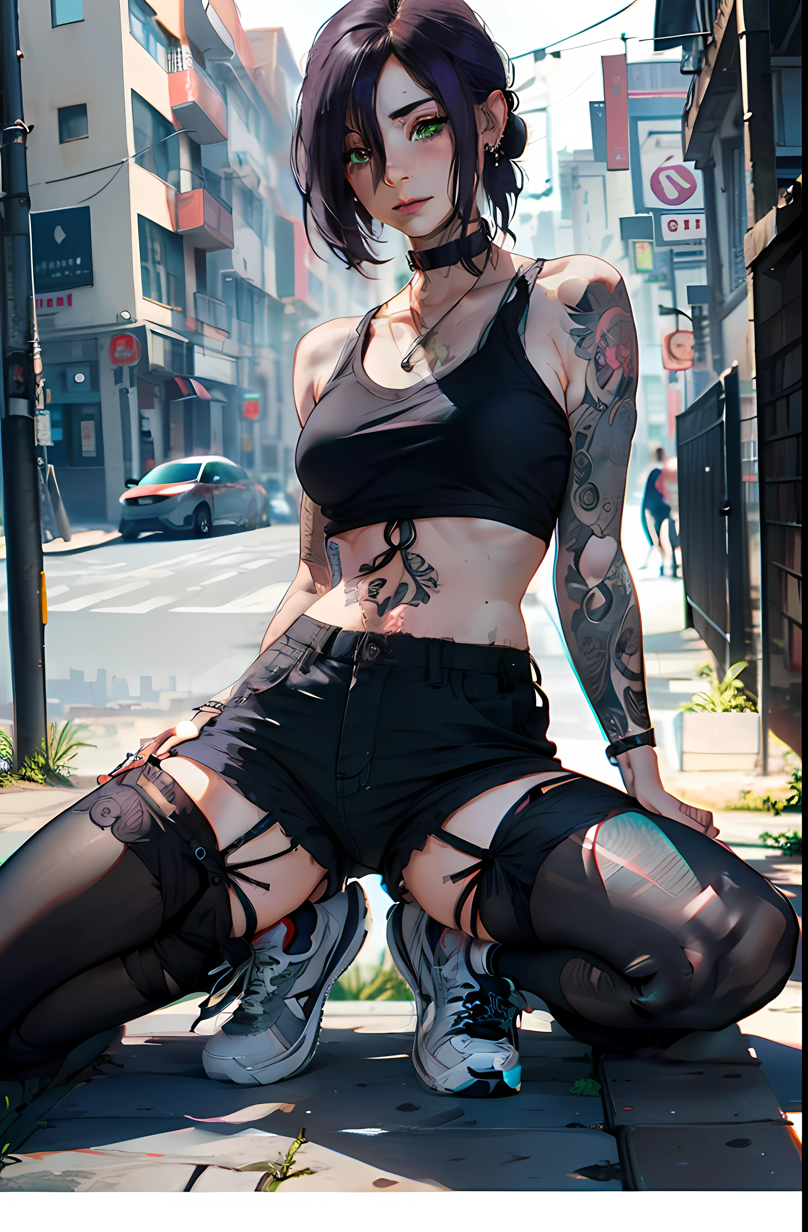 belly button piercing, full body shot, (very detailed background:1.0), (highly detailed background:1.0), (Masterpiece), High Quality, 1girl, woman, tattoo, irezumi, depth of field, dynamic lighting, high quality shadows, black crop-top, reze, purple hair, black shorts, ear piercings, sity, black fishnet tights, black high top sneakers, perfect face, green eyes, black choker