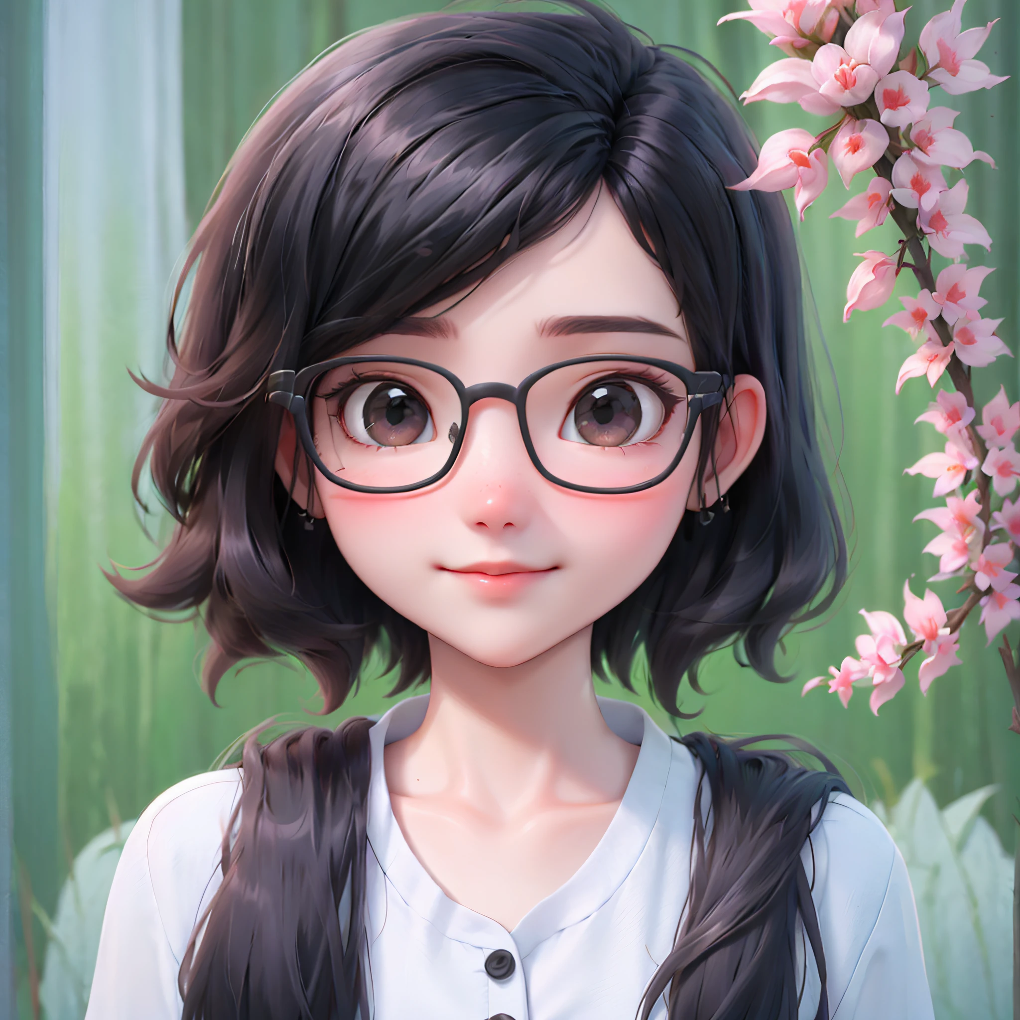 best quality, 1girl, solo, short hair, cartoon portrait , glasses, black eyes, simple background,