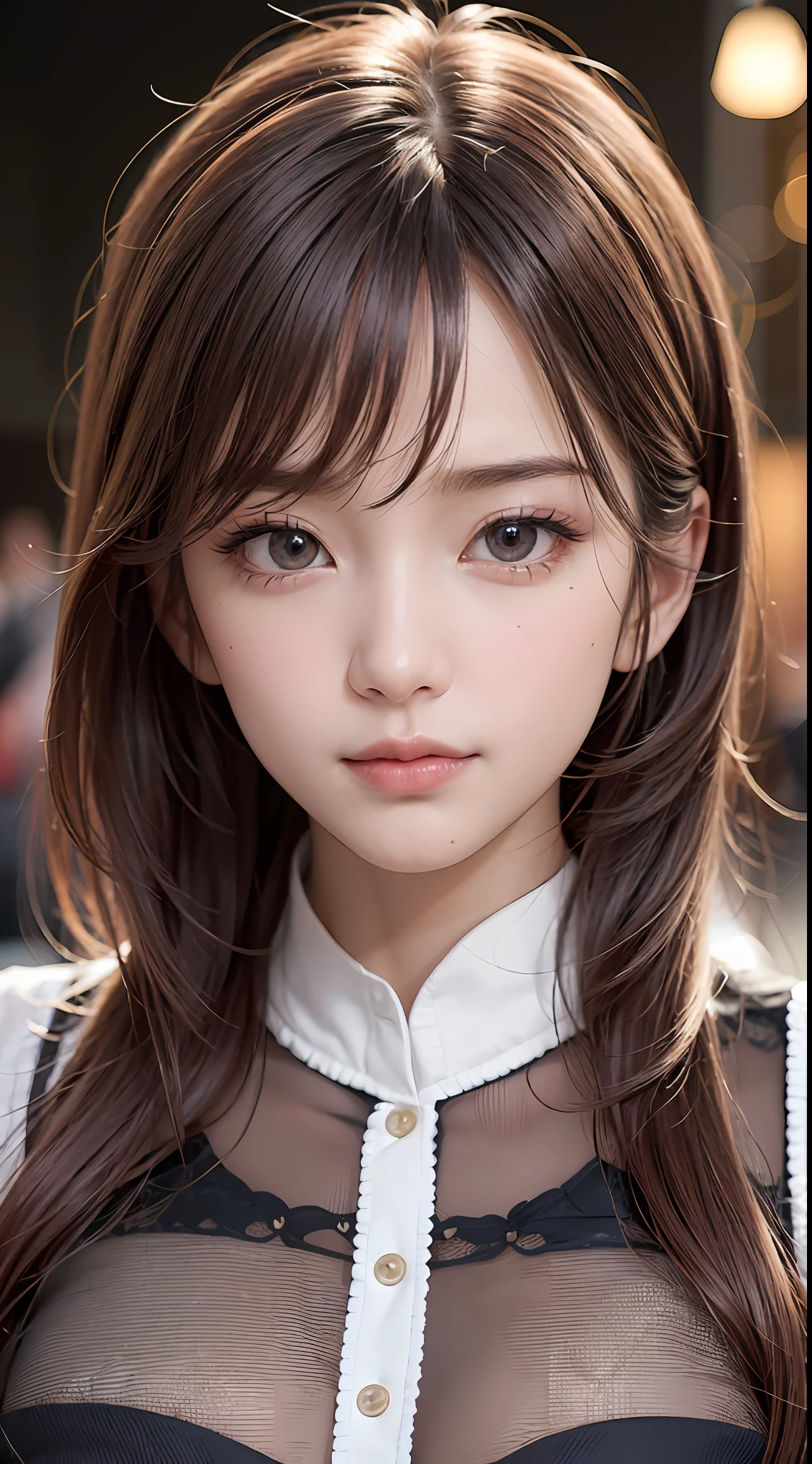 masterpiece, 1 beautiful girl, detailed eyes, puffy eyes, best quality, ultra high definition, (reality: 1.4), cinematic lighting, Japan, asian beauty, korean, super beautiful, beautiful skin, slender, body facing front, (ultra-realistic), (high resolution), (8K), (very detailed), (best illustration), (beautiful and detailed eyes), (super detailed), (wallpaper), detailed face, Bright lighting, professional lighting, looking at the viewer, facing straight ahead, the costume is a neat light pink shirt and dress, 46-point diagonal bangs, night view, black hair (mesh and partly red hair), Hinatazaka 46, Kato Shiho,