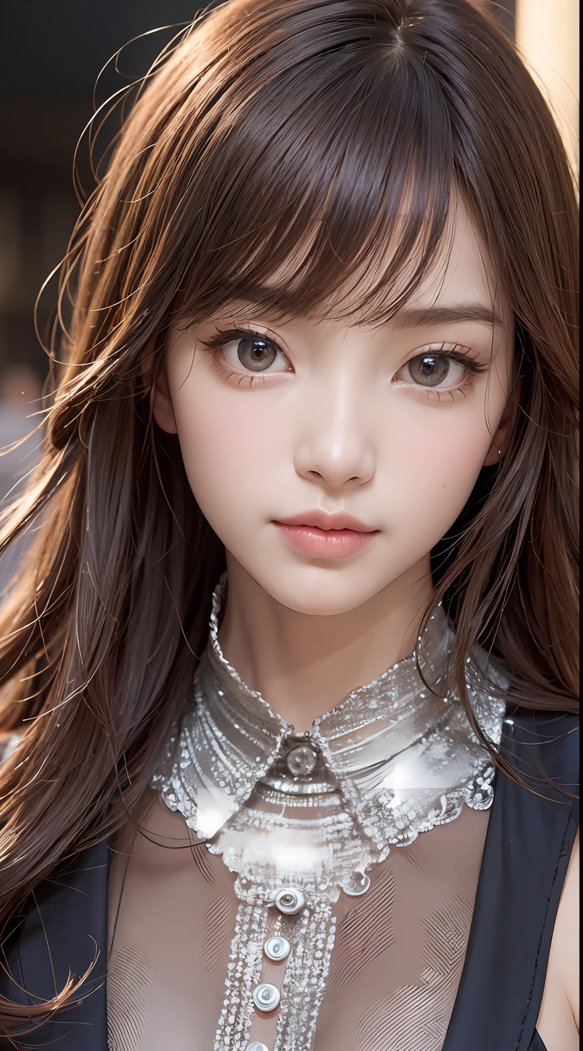 masterpiece, 1 beautiful girl, detailed eyes, puffy eyes, best quality, ultra high definition, (reality: 1.4), cinematic lighting, Japan, asian beauty, korean, super beautiful, beautiful skin, slender, body facing front, (ultra-realistic), (high resolution), (8K), (very detailed), (best illustration), (beautiful and detailed eyes), (super detailed), (wallpaper), detailed face, Bright lighting, professional lighting, looking at the viewer, facing straight ahead, the costume is a neat light pink shirt and dress, 46-point diagonal bangs, night view, black hair (mesh and partly red hair), Hinatazaka 46, Kato Shiho,