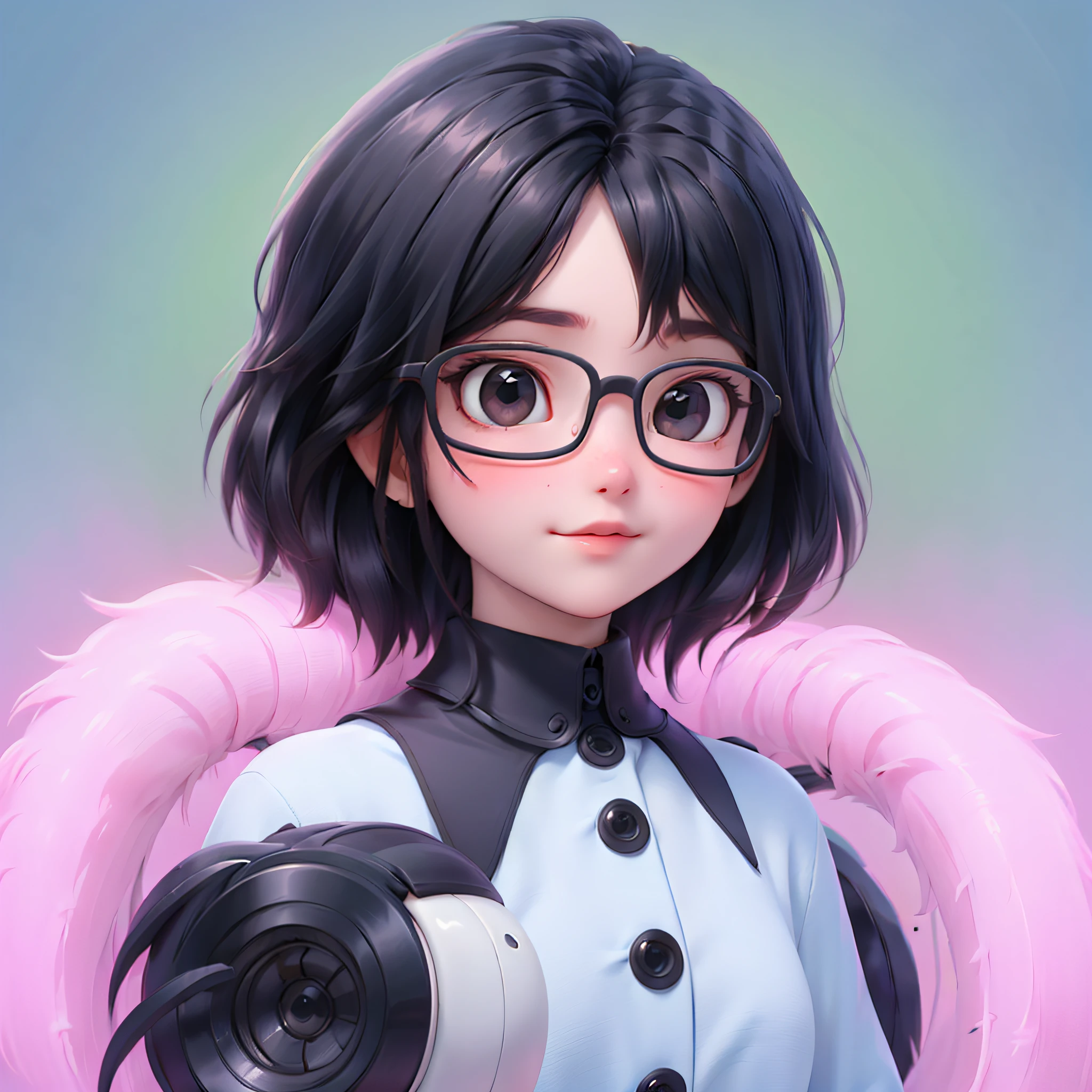 best quality, 1girl, solo, short hair, cartoon portrait , glasses, black eyes, simple background,