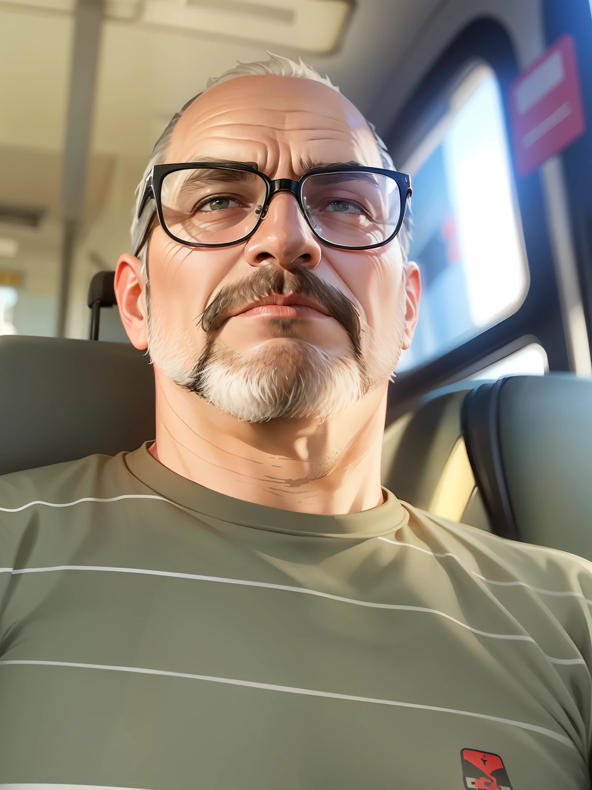 Man with glasses and beard sitting on a bus (realistic 8k photo), taken in early 2020, with glasses and goatee, profile picture, headshot profile picture, 53-year-old man, man with glasses, profile picture, looking away from camera, 8k selfie photography, he's about 50 years old (gta san andreas type) --auto