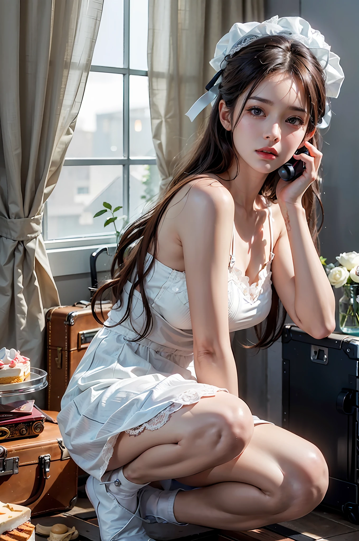 (Photoreal: 1.4), (Hyperrealistic: 1.4), (Realistic: 1.3), (Smooth Lighting: 1.05), (Improved cinematic lighting quality: 0.9), 32K, 1 Japan college student, realistic lighting, backlight, face lights, ray tracing, very pale salmon-pink lips with a pretty shiny feeling, (bright light: 1.2), (quality improvement: 1.4), (quality realistic texture skin: 1.4), fine detailed eyes, detailed face, fine quality eyes, dark brown eyes, (tired and sleepy and satisfied: 0.0), pale lighting, bra, panties, ribbon tie, shiny silk white ankle socks, strap shoes, white background, squatting with legs on bed, lace, ruffles, flowers, Ribbon, Book, Hat, Camisole, Tea Set, Cake, Cookie, Retro Radio, Retro Telephone, Lace Cloth, Curtain, Stationery, Suitcase, Cosmetics, Makeup Tools
