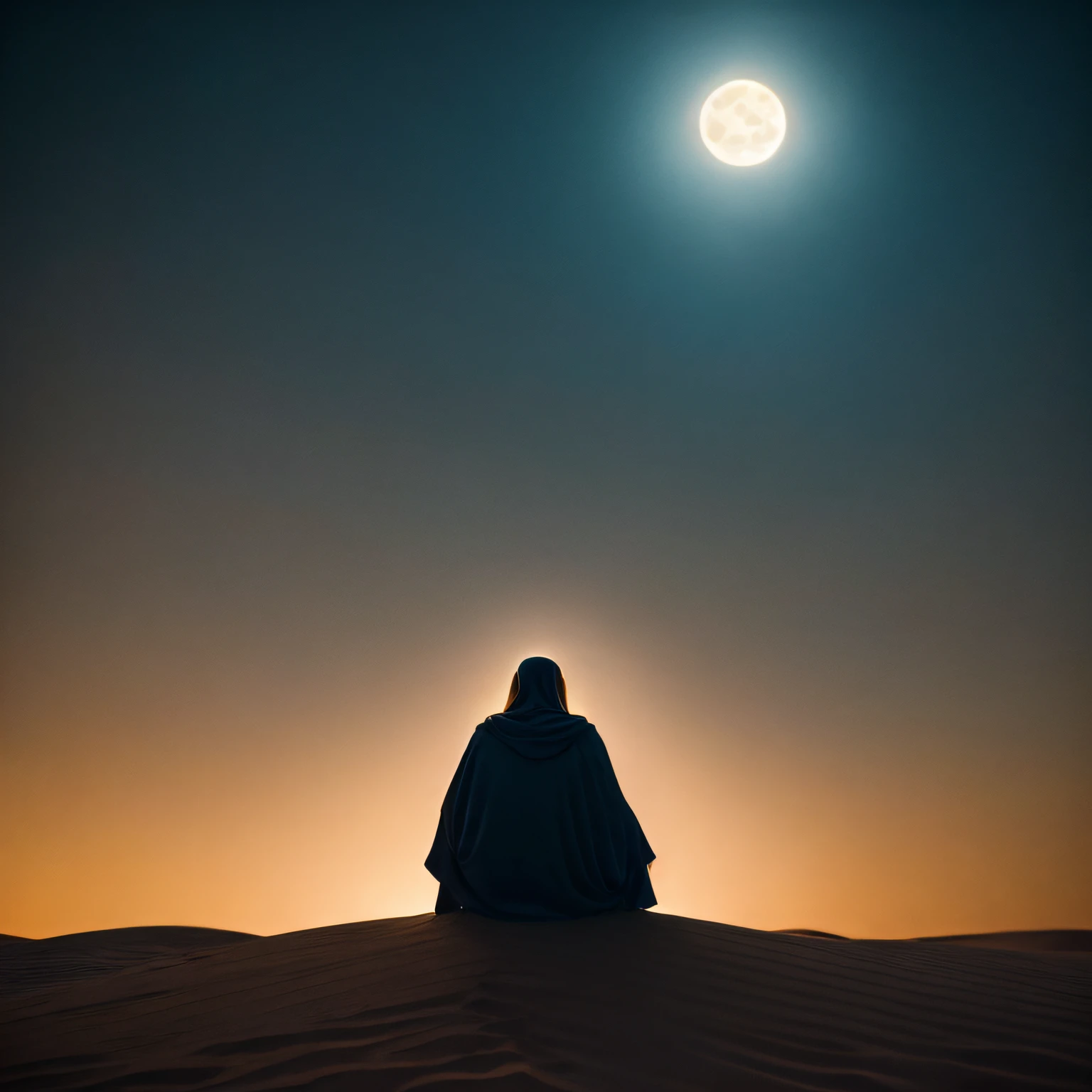 Cinematic shot, Jesus at night under full moon and starving and cold sitting in the dark Judaean Desert haunted by Satan, shot from movie, cinema composition shot, professional color grading, epic volumetric lighting, sharp focus, film grain, high dynamic range, atmosphere, majestic, masterpiece, National Geographic, Nikon Z6