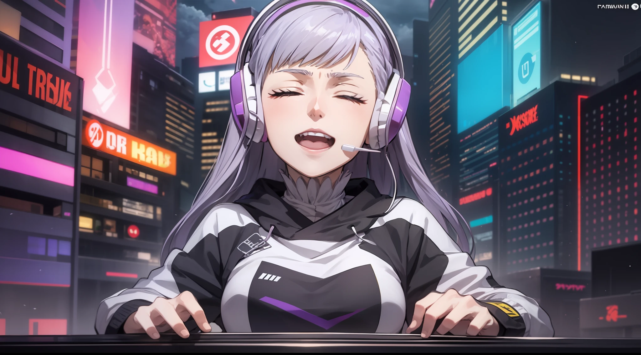 Woman with peace sense headset, closed eyes, beautiful face, RGB colors, bright purple hair, anime, banner for youtube video, happy girl, clouds with RGB colors, bright RGB colors.