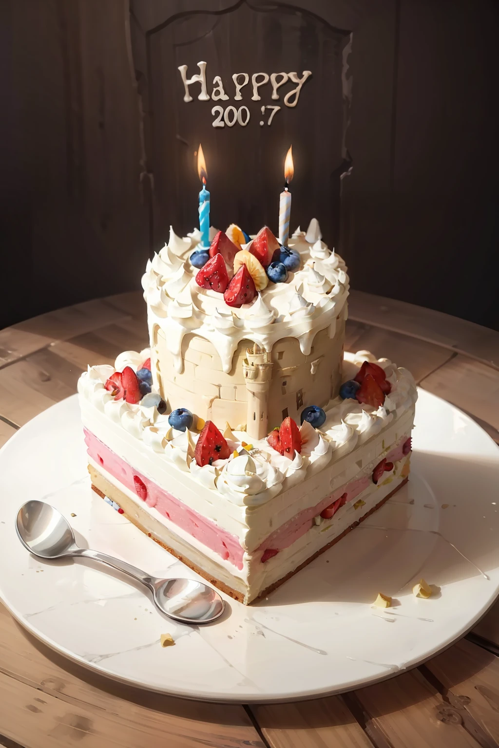 Birthday cake, castle-shaped, with fruits, treats, 8k, ultra realistic