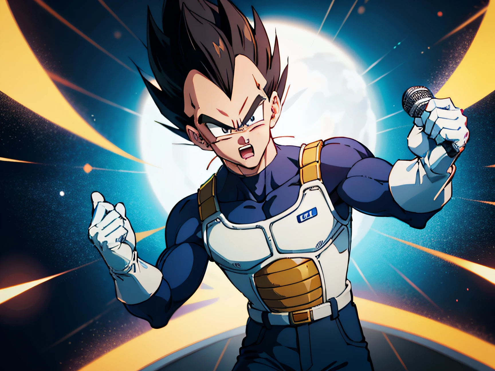 (masterpiece, best quality:1.2), cowboy shot, solo, male focus, 1boy, vegeta, serious, looking at viewer, black spiked hair, black eyes, armor, white gloves, singing on stage, holding a microphone, in the style of dragon ball z