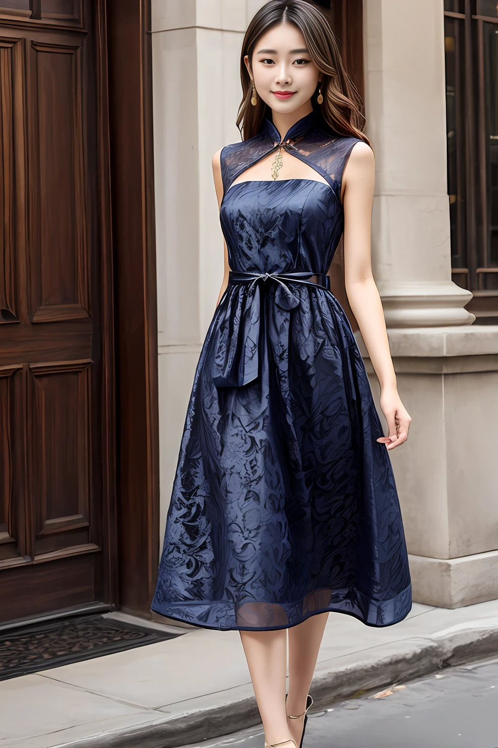 A-line dress length to knee A thin belt at the waist highlights the woman's waist line Fabric silk Color dark blue Pattern design moire pattern The neckline and cuffs of the dress are partially lace elements The belt part of the dress is a traditional Chinese knot