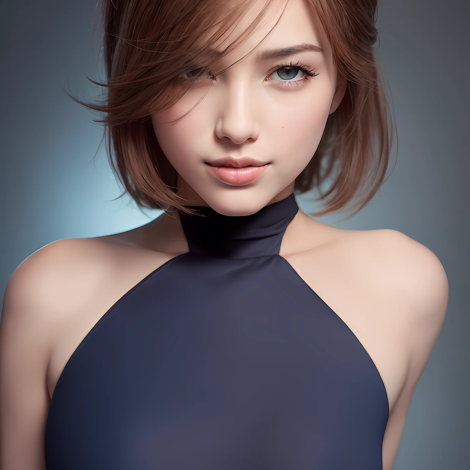 8k, super high quality,(( Image more than half left of the center of the screen)), ((body from thighs up)), photo realistic, high detailed beautiful face and eyes, (close-up hairstyle), (5 fingers), (dress dark blue wearing), ( black marble background), cute face, top quality, sweat, very delicate and beautiful, smile, nice body, high quality, realistic, fantasy, realistic skin, full color top quality, very delicate and beautiful, high detail raw photo, professional photo, solo, beautiful lips, looking forward, smile, top quality, fantasy, realistic skin, full color, 20 years old, high detail raw photo, photo realistic, neck tilt --auto