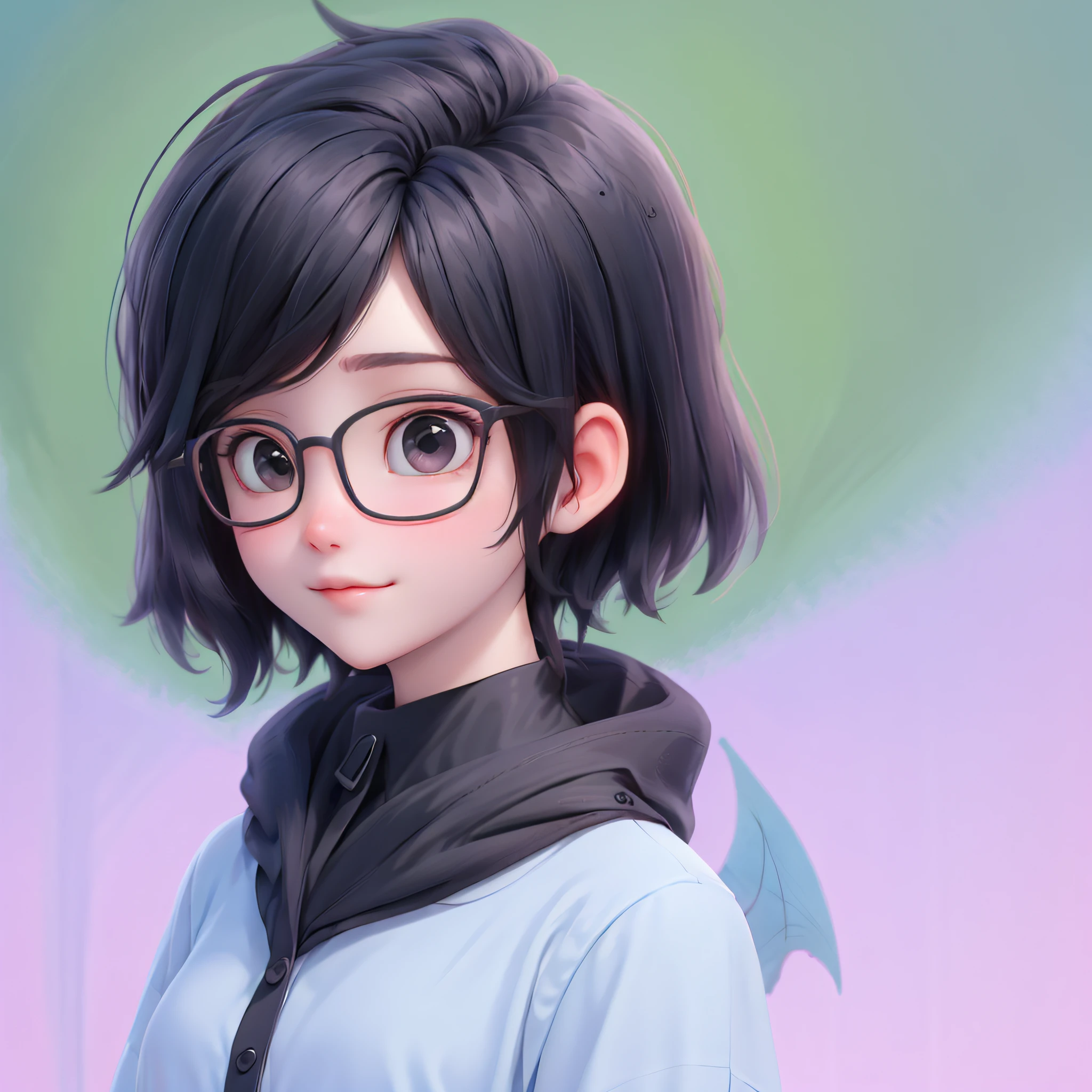 best quality, 1girl, solo, short hair, cartoon portrait , glasses, black eyes, simple background,