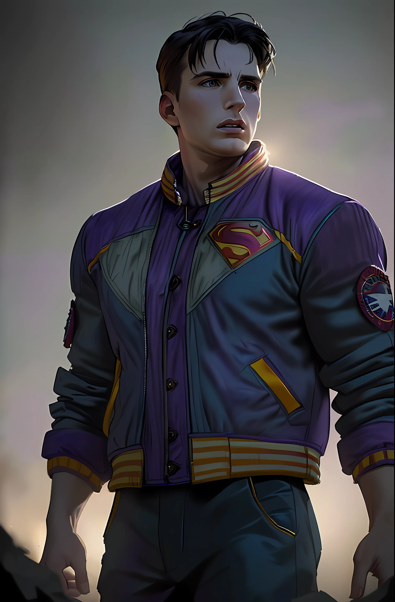 (Chris Evans as superman), epic, realistic, faded, neutral colors, (((((hdr)))), (((((muted colors)))), intricate scene, artstation, hyperdetailed, cinematic filmed, warm lights, dramatic light, intricate details, vignette, complex background, [[teal and orange]], slate gray atmosphere, perfect lighting, perfect shading, (photorealistic: 1.6), (((purple jacket))),