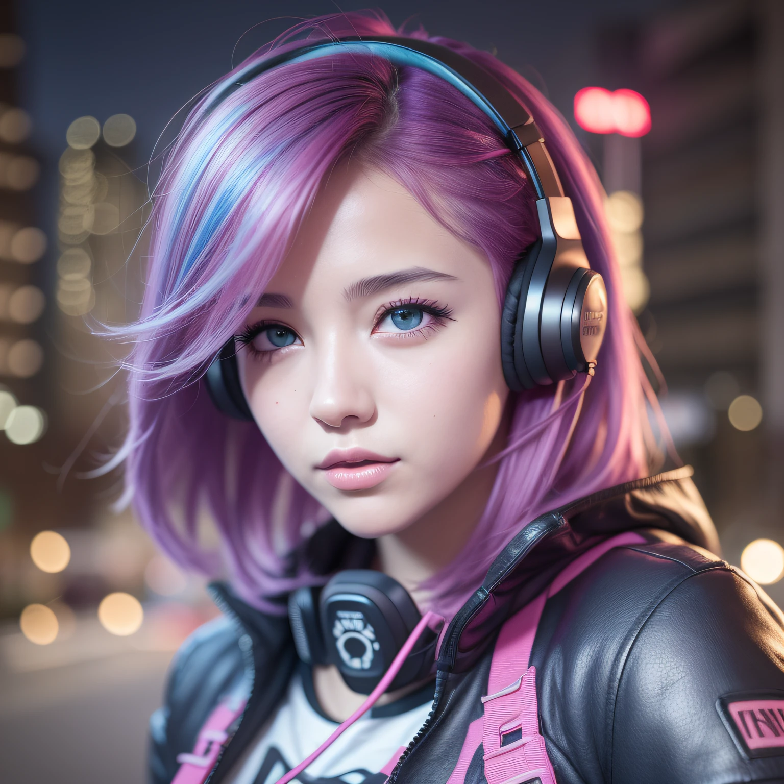 girl with headphones ,fuchsia hair blue eyes Cyberpunk,8K extremely detailed, smooth, high resolution, ultra quality, highly detailed eyes, highly detailed mouth, highly detailed face, perfect eyes, both eyes are equal, true light, brightness, iridescent, global lighting, real hair movement, real light, real shadow, real face, hd, 2k, 4k, 8k, 16k, realistic light,  realistic shadow, bright eyes, fluorescent eyes, soft light, dream light,anime, 3d, japan, pixar, masterpiece, best quality, half body, portrait, night city