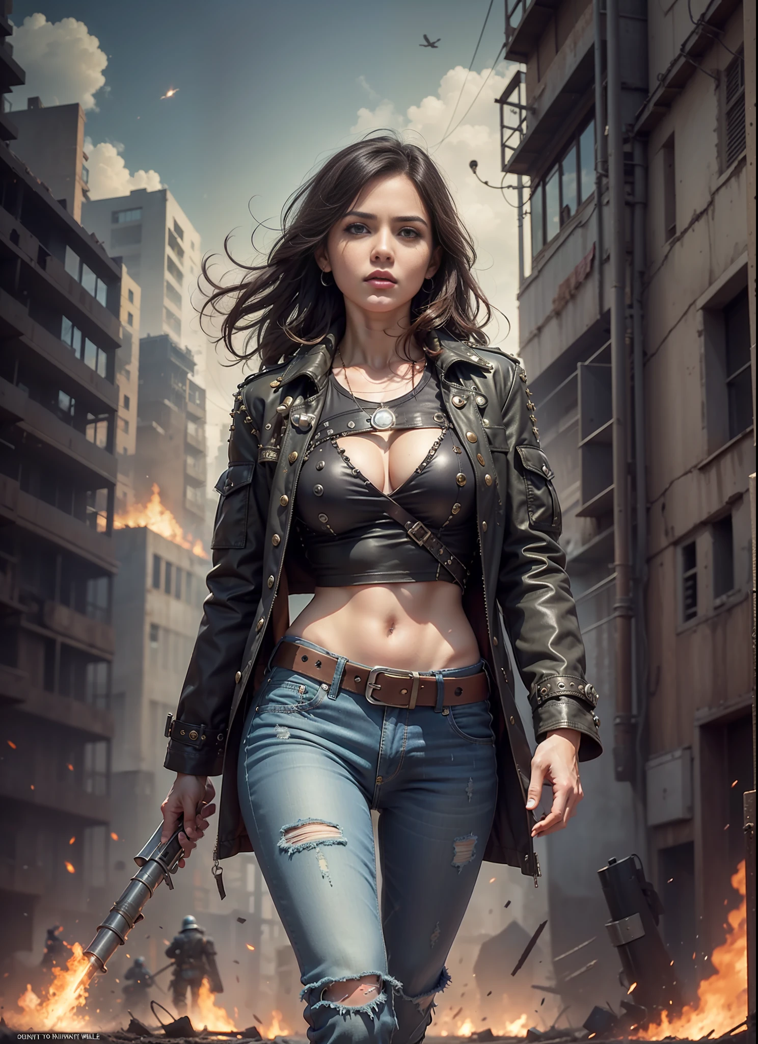 Movie poster, jungle warrior, medium chest woman, black jeans, belt, long t-shirt, coat, rivets, holster, rivets, explosions, jungle, ruins, just one body, night