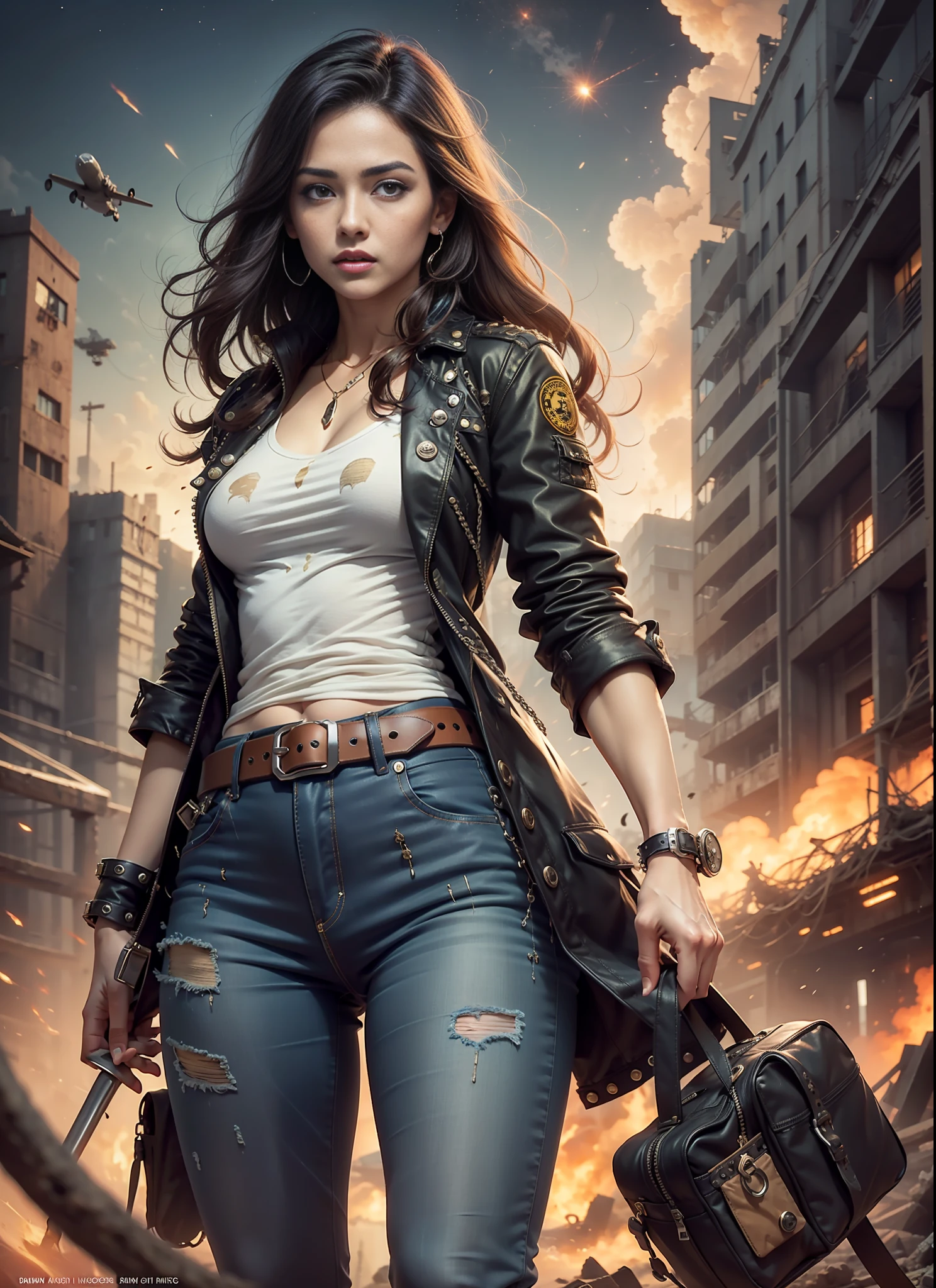 Movie poster, jungle warrior, medium chest woman, black jeans, belt, long t-shirt, coat, rivets, holster, rivets, explosions, jungle, ruins, just one body, night