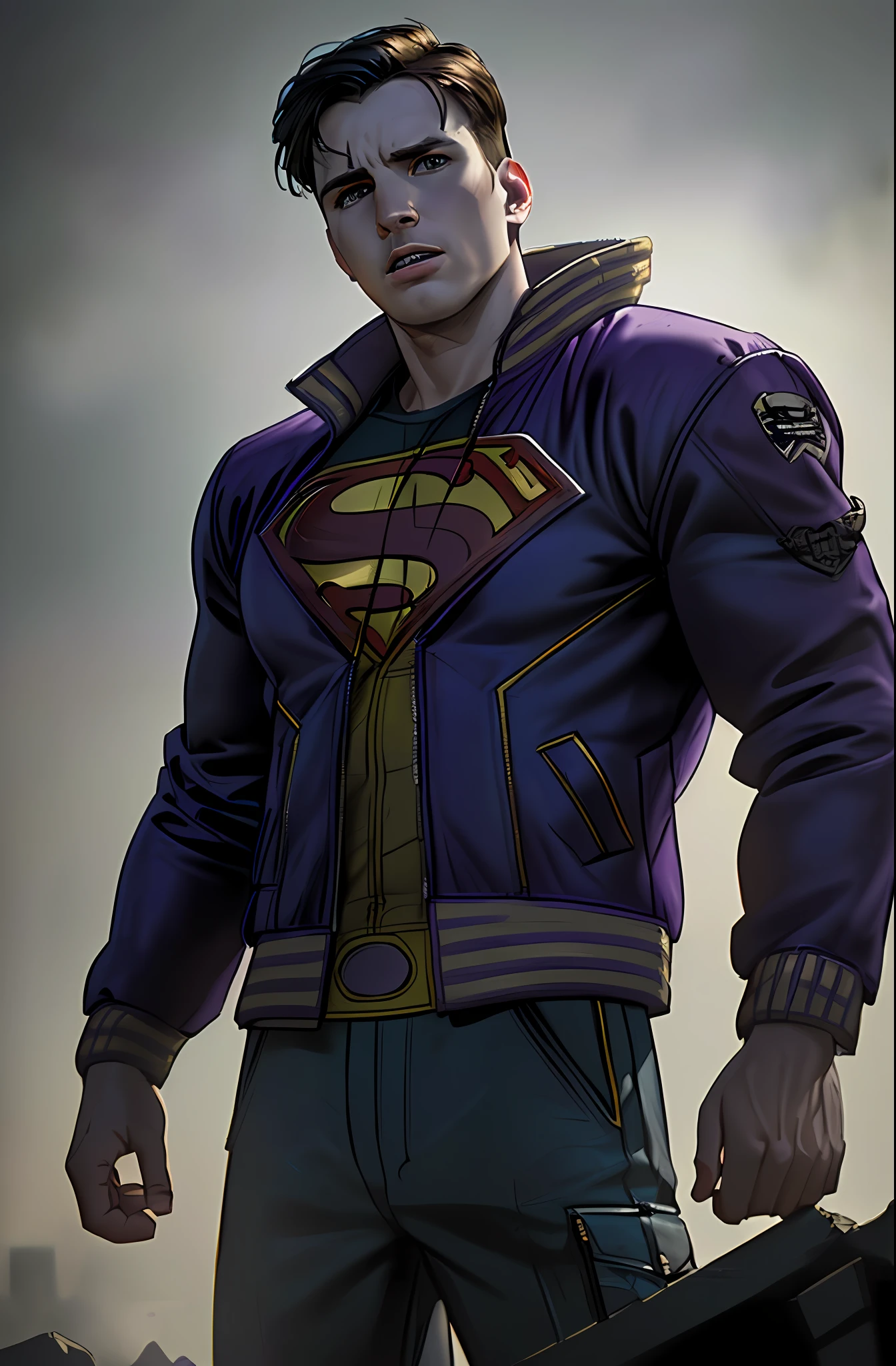 (Chris Evans as superman), epic, realistic, faded, neutral colors, (((((hdr)))), (((((muted colors)))), intricate scene, artstation, hyperdetailed, cinematic filmed, warm lights, dramatic light, intricate details, vignette, complex background, [[teal and orange]], slate gray atmosphere, perfect lighting, perfect shading, (photorealistic: 1.6), (((purple jacket))),