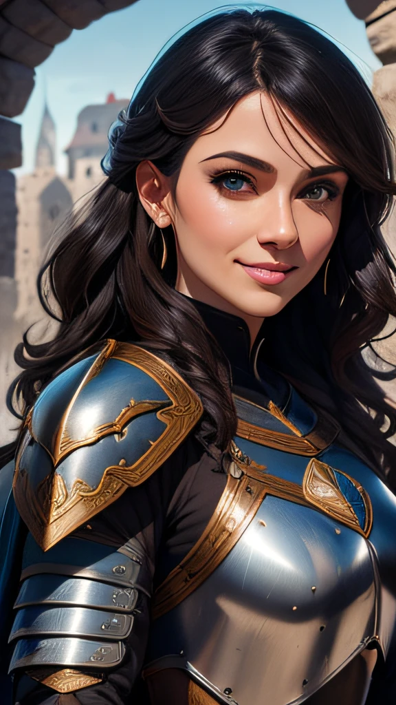 woman, smiling, beautiful brunette, symmetrical face, wavy black hair, brown eye, brown eyes, full back, upper body, portrait, platinum armor, detailed bright and detailed armor, dynamic light, medieval landscape, HD, 8k, TN-RpgGameGirl