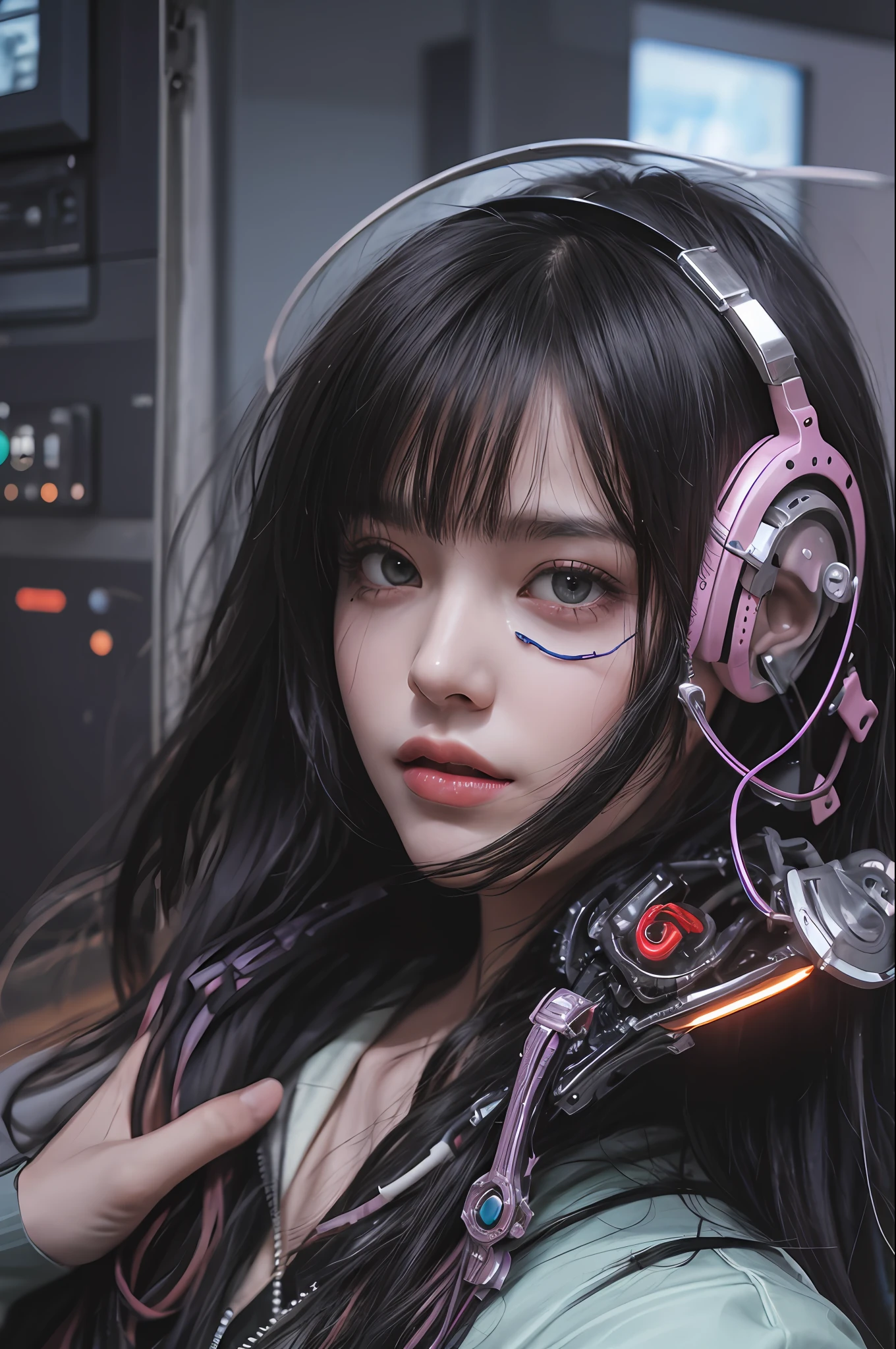 Top Quality, Masterpiece, Ultra High Resolution, (Photorealistic: 1.4), Raw Photo, One Girl Inside a Huge Space Colony, Futuristic Black Hair, Glossy Skin, 1 Mechanical Girl, (Ultra-Realistic Details)), Portrait, Global Illumination, Shadows, Octane Rendering, 8K, Ultra Sharp, Big, Cleavage Exposed Raw Skin, Metal, Intricate ornament details, headset, hydraulic cylinder, very intricate details, realistic light, CGSoation trend, purple eyes, glowing eyes, facing the camera, neon details, mechanical limbs, blood vessels connected to tubes, mechanical vertebrae attached to the back, mechanical cervical attachment to the neck, sitting, wires and cables connecting to the head, Evangelion, Cyberpunk, small LED lamp, background is a city inside a futuristic cylinder-shaped space colony,