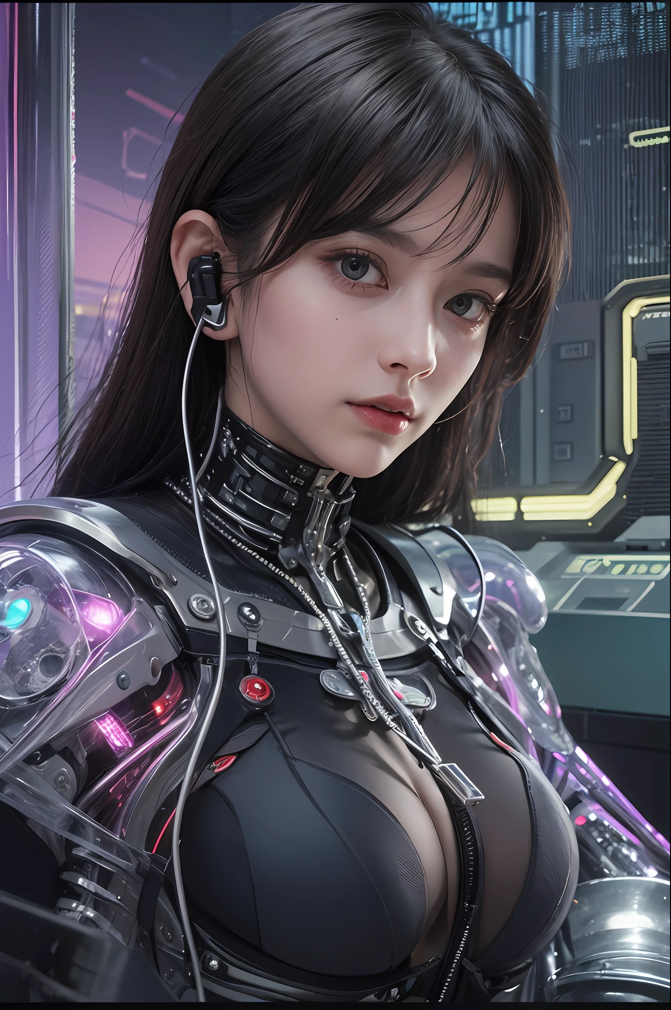 Top Quality, Masterpiece, Ultra High Resolution, (Photorealistic: 1.4), Raw Photo, One Girl Inside a Huge Space Colony, Futuristic Black Hair, Glossy Skin, 1 Mechanical Girl, (Ultra-Realistic Details)), Portrait, Global Illumination, Shadows, Octane Rendering, 8K, Ultra Sharp, Big, Cleavage Exposed Raw Skin, Metal, Intricate ornament details, headset, hydraulic cylinder, very intricate details, realistic light, CGSoation trend, purple eyes, glowing eyes, facing the camera, neon details, mechanical limbs, blood vessels connected to tubes, mechanical vertebrae attached to the back, mechanical cervical attachment to the neck, sitting, wires and cables connecting to the head, Evangelion, Cyberpunk, small LED lamp, background is a city inside a futuristic cylinder-shaped space colony,