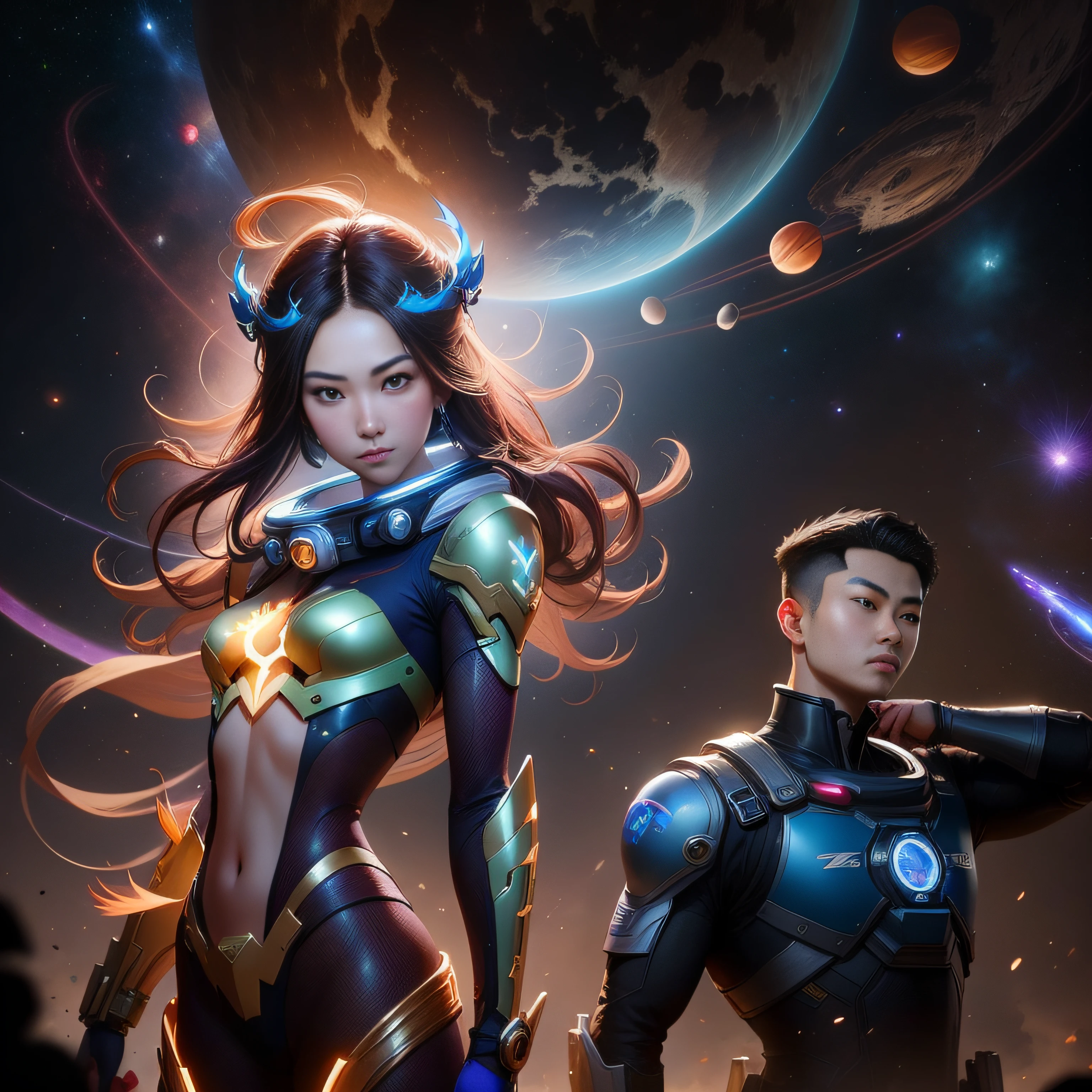 a couple of people standing next to each other in front of a space, ross tran and bayard wu, jin shan and ross tran, edgar maxence and ross tran, wlop and ross tran, ruan jia and artgerm, ross tran and artgerm, rossdraws and jazza, artgerm and ruan jia