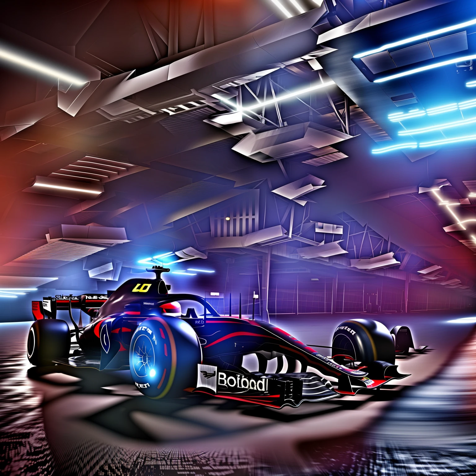 Project an image of an ultra-realistic formula one V10 engine with chrome finish and gears that appear in motion. Add blue neon light and shadow effects to enhance details and create a futuristic vibe. --auto