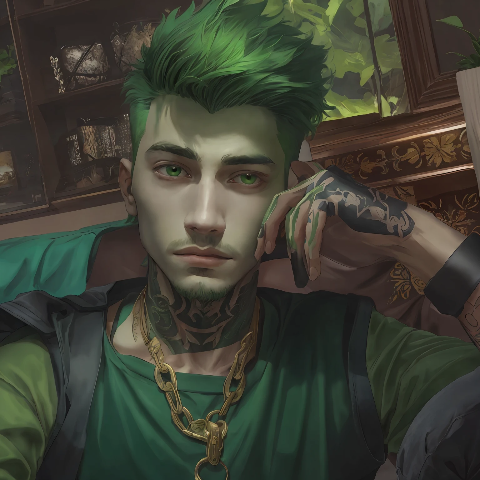 arafed man with green hair sitting on a couch with a tattoo on his arm, green hair, short green hair, short unkempt green hair, bright green hair, androgynous person, an epic non - binary model, androgyny, green mane, portrait androgynous girl, androgynous male, short green bobcut, androgynous