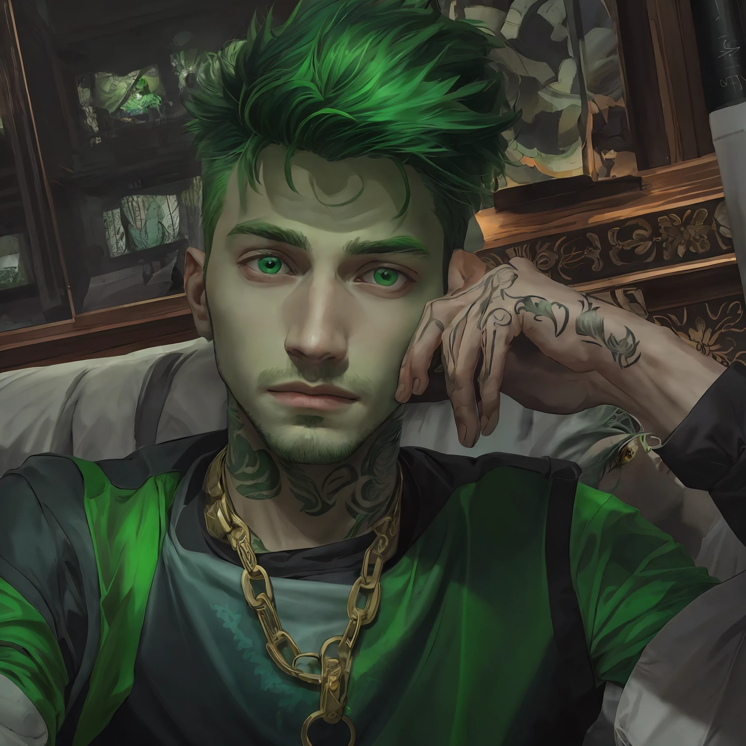 arafed man with green hair sitting on a couch with a tattoo on his arm, green hair, short green hair, short unkempt green hair, bright green hair, androgynous person, an epic non - binary model, androgyny, green mane, portrait androgynous girl, androgynous male, short green bobcut, androgynous