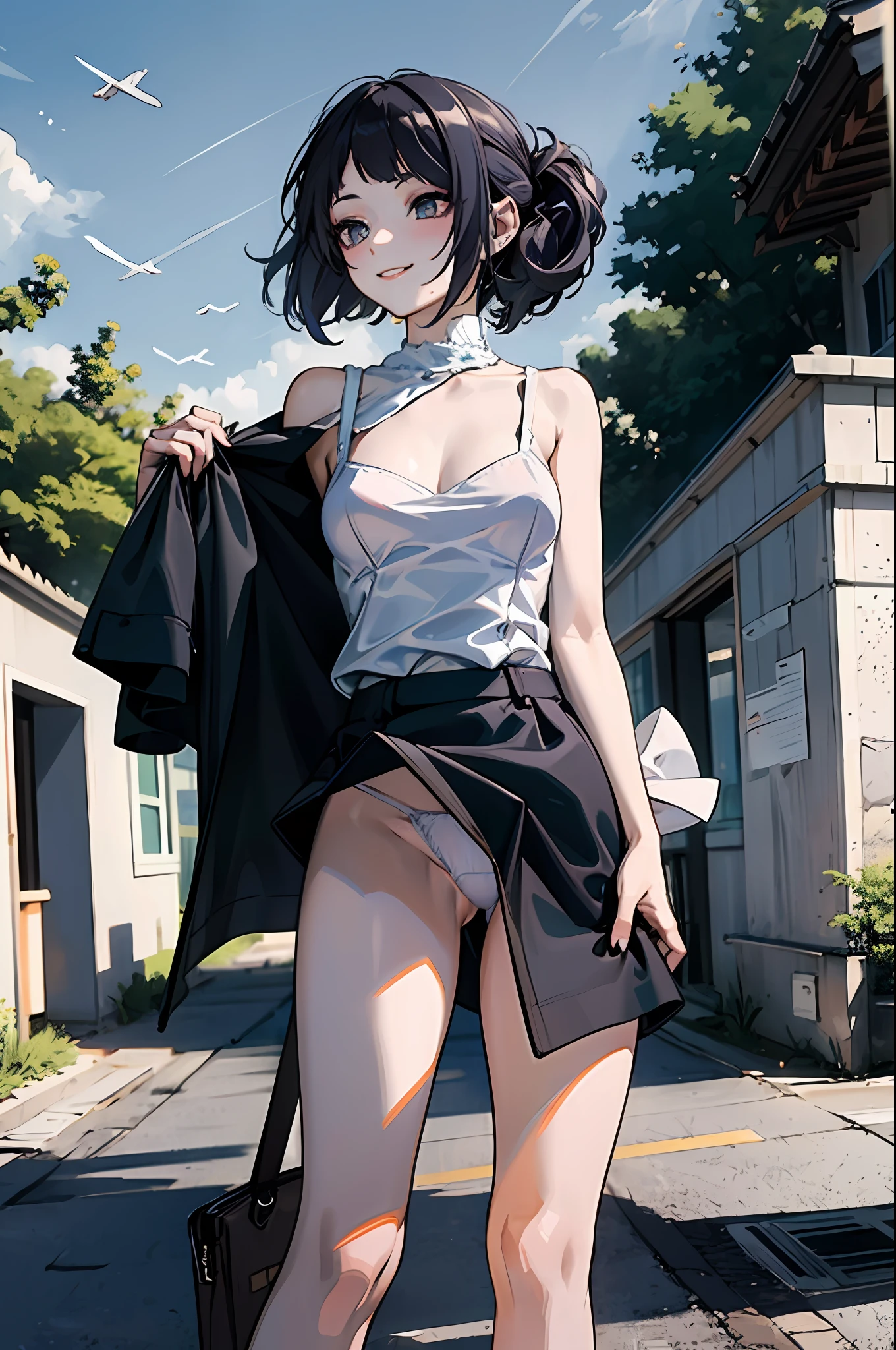 Best image quality, high image quality, masterpiece, black hair Park Walk Shy smile The wind blows and you can see you perfectly girl Not wearing panties Two girls I can see the crack of my NSFW Beautiful braless undressing ,,,