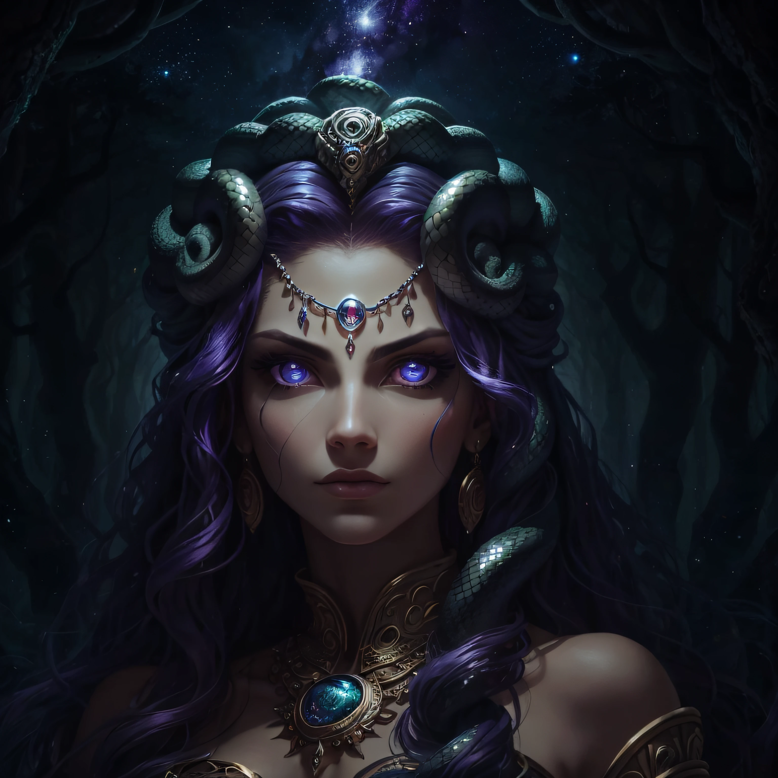 Create an image that depicts the powerful and mysterious face of Medusa, a legendary mythological figure. Medusa's face should be portrayed as that of an adult woman, conveying strength and wisdom. Her hair should consist of sinuous snakes in vibrant shades of blue, creating a mesmerizing appearance. Medusa's eyes should be intensely white, without visible pupils, emanating a penetrating and enigmatic gaze. Add a third eye in the center of Medusa's forehead, depicted prominently in black, symbolizing her connection to the supernatural.
In the background, create a mystical and mysterious atmosphere, portraying a dark forest with cosmic elements. Use dark tones such as deep purple and midnight blue to add a touch of darkness and mystery. Add subtle details of nebulae and shining stars, evoking a cosmic setting that highlights Medusa's supernatural nature. The image should be captured using a Canon 6D camera with a lens suitable for capturing all the details and nuances of the scene.
Suggestions:
Make sure to depict Medusa's face with realistic features and proportions, emphasizing her strength and seriousness.
When creating the snake-like hair, work on the textures and shapes of the snakes to make them visually striking and vivid.
For Medusa's white eyes, apply a bright tone that conveys an air of mystery and power.
When representing the dark forest with cosmic aspects, use a balance of dark tones and starry light points to create an intriguing and mystical environment.
When photographing the image, experiment with different settings and framing to highlight Medusa's dominant presence and capture the desired enigmatic atmosphere. --auto
