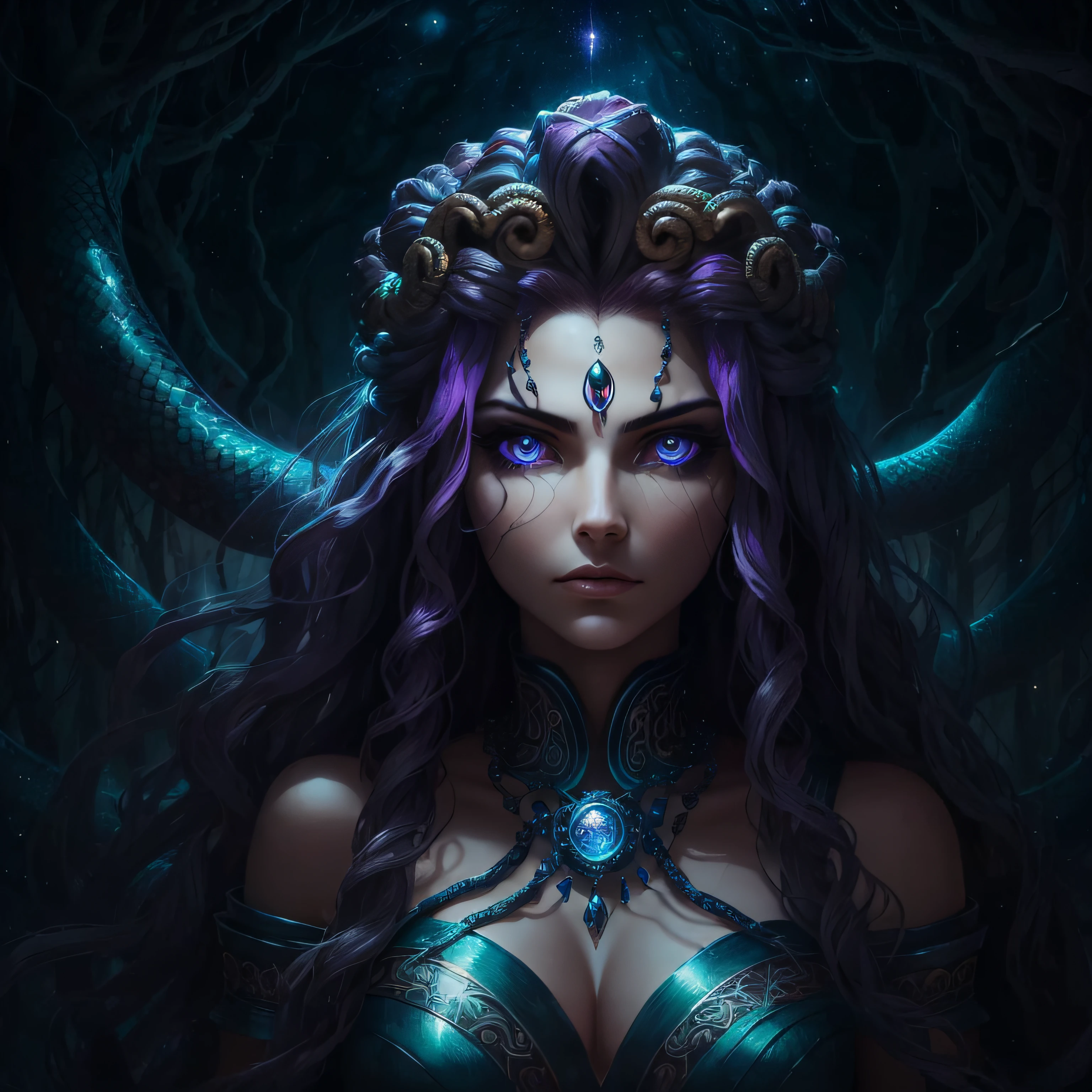 Create an image that depicts the powerful and mysterious face of Medusa, a legendary mythological figure. Medusa's face should be portrayed as that of an adult woman, conveying strength and wisdom. Her hair should consist of sinuous snakes in vibrant shades of blue, creating a mesmerizing appearance. Medusa's eyes should be intensely white, without visible pupils, emanating a penetrating and enigmatic gaze. Add a third eye in the center of Medusa's forehead, depicted prominently in black, symbolizing her connection to the supernatural.

In the background, create a mystical and mysterious atmosphere, portraying a dark forest with cosmic elements. Use dark tones such as deep purple and midnight blue to add a touch of darkness and mystery. Add subtle details of nebulae and shining stars, evoking a cosmic setting that highlights Medusa's supernatural nature. The image should be captured using a Canon 6D camera with a lens suitable for capturing all the details and nuances of the scene.

Suggestions:
Make sure to depict Medusa's face with realistic features and proportions, emphasizing her strength and seriousness.
When creating the snake-like hair, work on the textures and shapes of the snakes to make them visually striking and vivid.
For Medusa's white eyes, apply a bright tone that conveys an air of mystery and power.
When representing the dark forest with cosmic aspects, use a balance of dark tones and starry light points to create an intriguing and mystical environment.
When photographing the image, experiment with different settings and framing to highlight Medusa's dominant presence and capture the desired enigmatic atmosphere. --auto