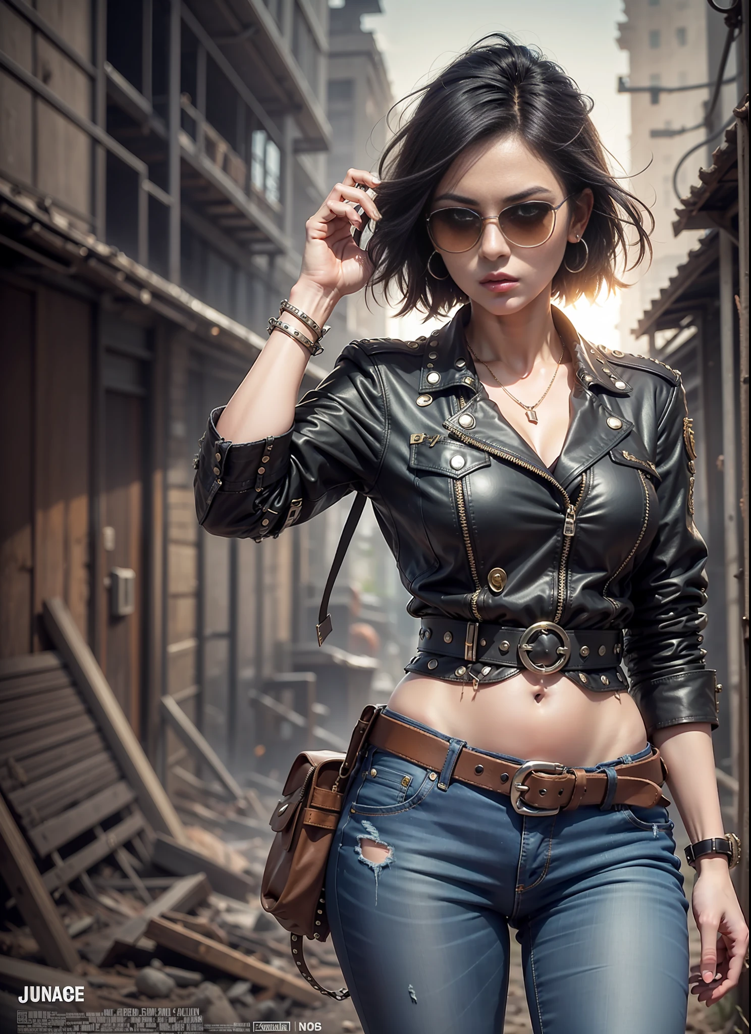 Movie poster, jungle warrior, medium breasted woman,sunglasses, black jeans, belt, coat, rivets, holster, rivets, explosions, jungle, ruins, just one body, night