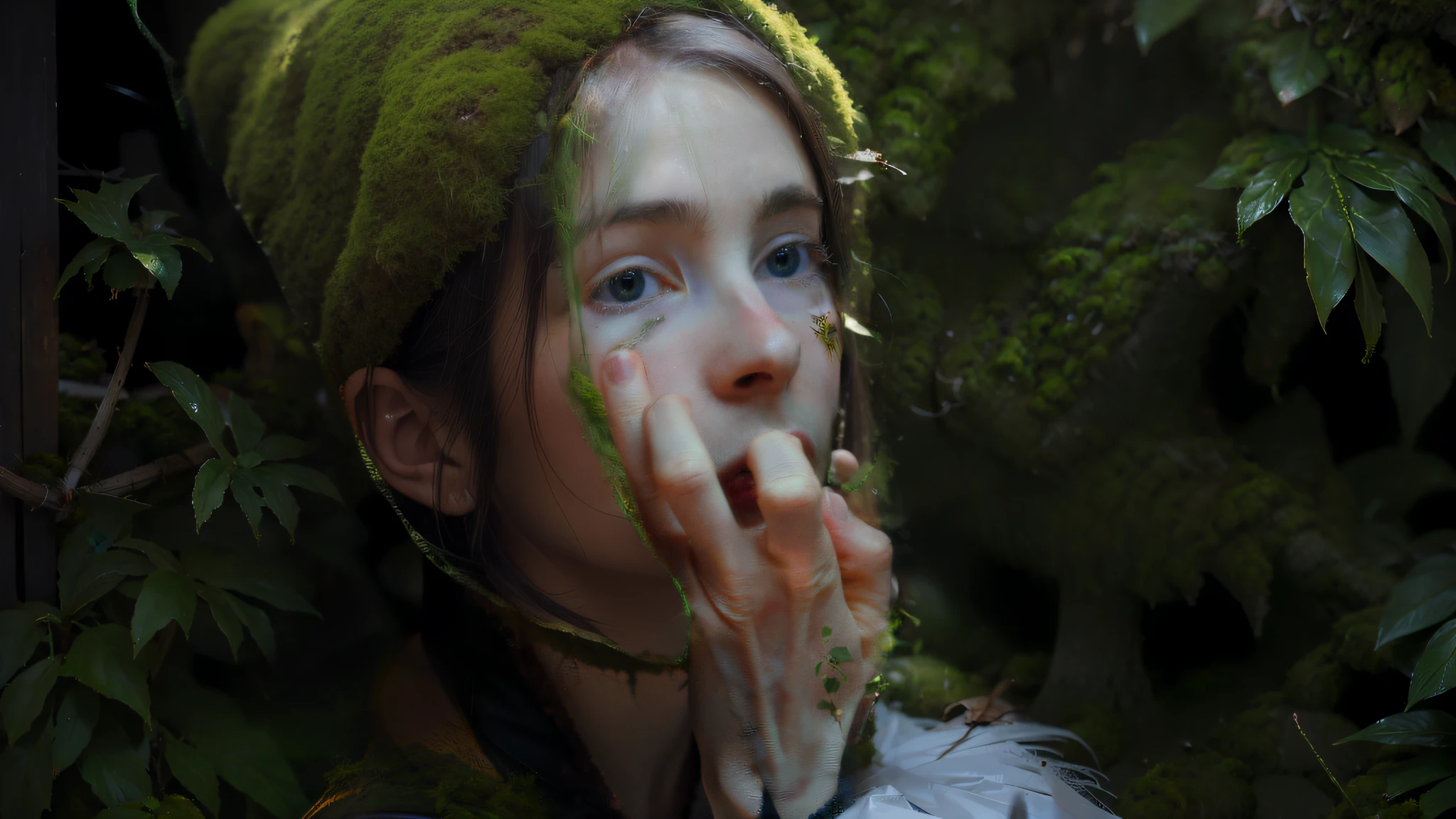 portrait of a forest mage, covered in moss
