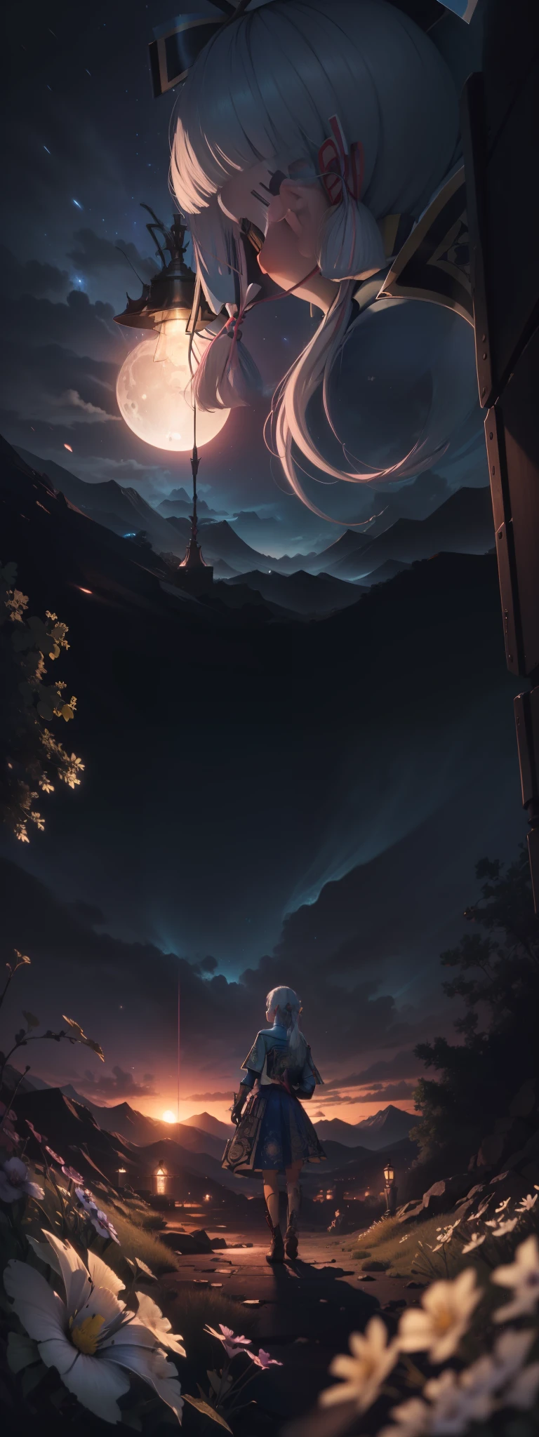 expansive landscape photography, (a view from below that shows the sky above and the open field below), a girl standing in a field of blue flowers looking up, (full moon: 1.2), (shooting stars: 0.9), (nebula: 1.3), distant mountain, tree BREAK production art, (hot light source: 1.2), (Firefly: 1.2), lamp, very blue and bright,  complex details, volumetric lighting, realism BREAK (masterpiece: 1.2), (best quality), 4k, ultra-detailed, (dynamic composition: 1.4), highly detailed, colorful details, (iridescent colors: 1.2), (bright lighting, atmospheric lighting), dreamy, magical, (solo: 1.2)