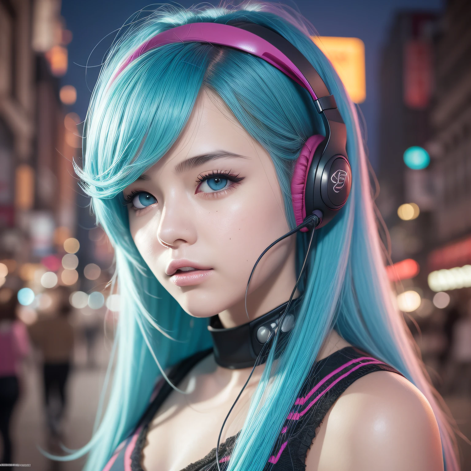 girl with headphones,turquoise hair fuchsia blue eyes Cyberpunk,8K extremely detailed, smooth, high resolution, ultra quality, highly detailed eyes, highly detailed mouth, highly detailed face, perfect eyes, both eyes are equal, true light, brightness, iridescent, global lighting, real hair movement, real light, real shadow, real face, hd, 2k, 4k, 8k, 16k, realistic light, realistic shadow, bright eyes, fluorescent eyes, soft light, dream light,Anime, 3D, Japan, Pixar, masterpiece, best quality, half body, portrait, night city