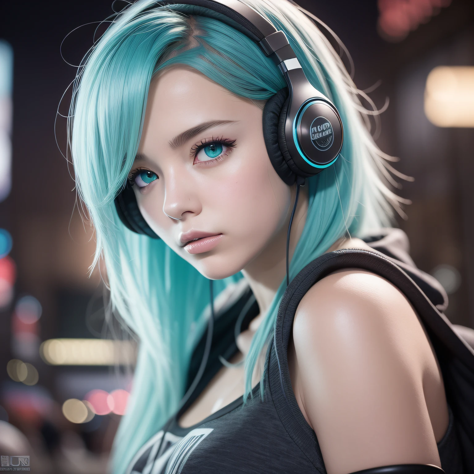 girl with headphones,turquoise hair fuchsia blue eyes Cyberpunk,8K extremely detailed, smooth, high resolution, ultra quality, highly detailed eyes, highly detailed mouth, highly detailed face, perfect eyes, both eyes are equal, true light, brightness, iridescent, global lighting, real hair movement, real light, real shadow, real face, hd, 2k, 4k, 8k, 16k,  realistic light, realistic shadow, bright eyes, fluorescent eyes, soft light, dream light,Anime, 3D, Japan, Pixar, masterpiece, best quality, half body, portrait, night city